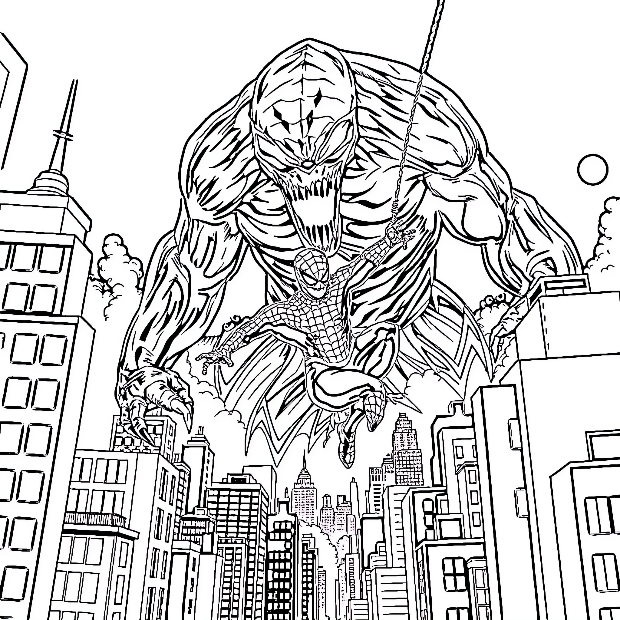 Spiderman leaping over cityscape with villainous presence Coloring Page (free black-and-white line drawing printable PDF for all, from beginners to advanced learners, including children, teens, adults, and seniors)