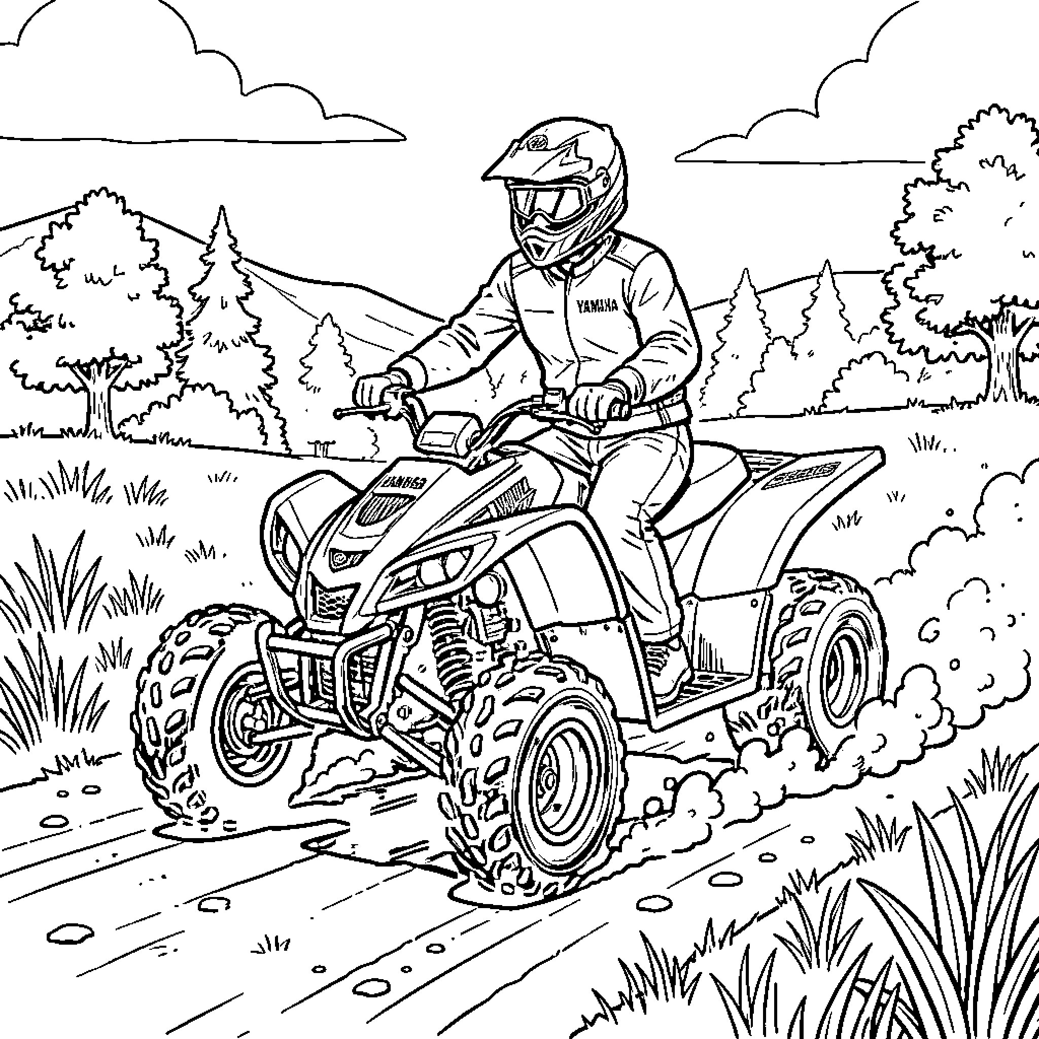 Yamaha Banshee being ridden through a scenic landscape Coloring Page (free black-and-white line drawing printable PDF for all, from beginners to advanced learners, including children, teens, adults, and seniors)