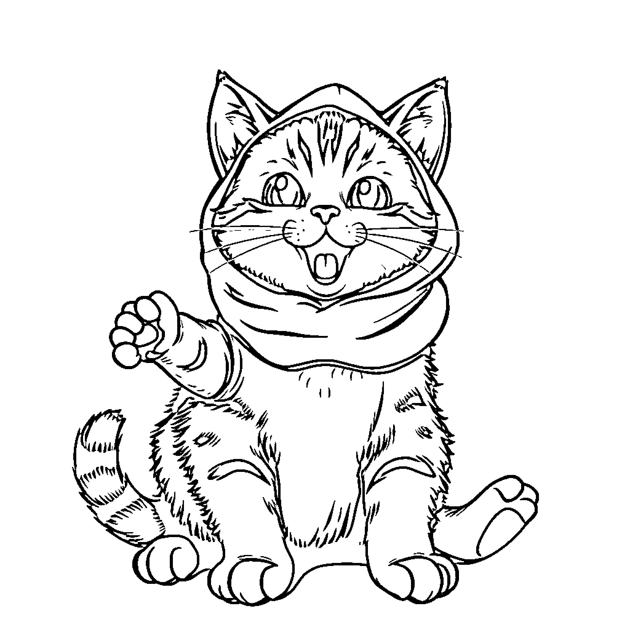Cat in playful pose Coloring Page (free black-and-white line drawing printable PDF for all, from beginners to advanced learners, including children, teens, adults, and seniors)
