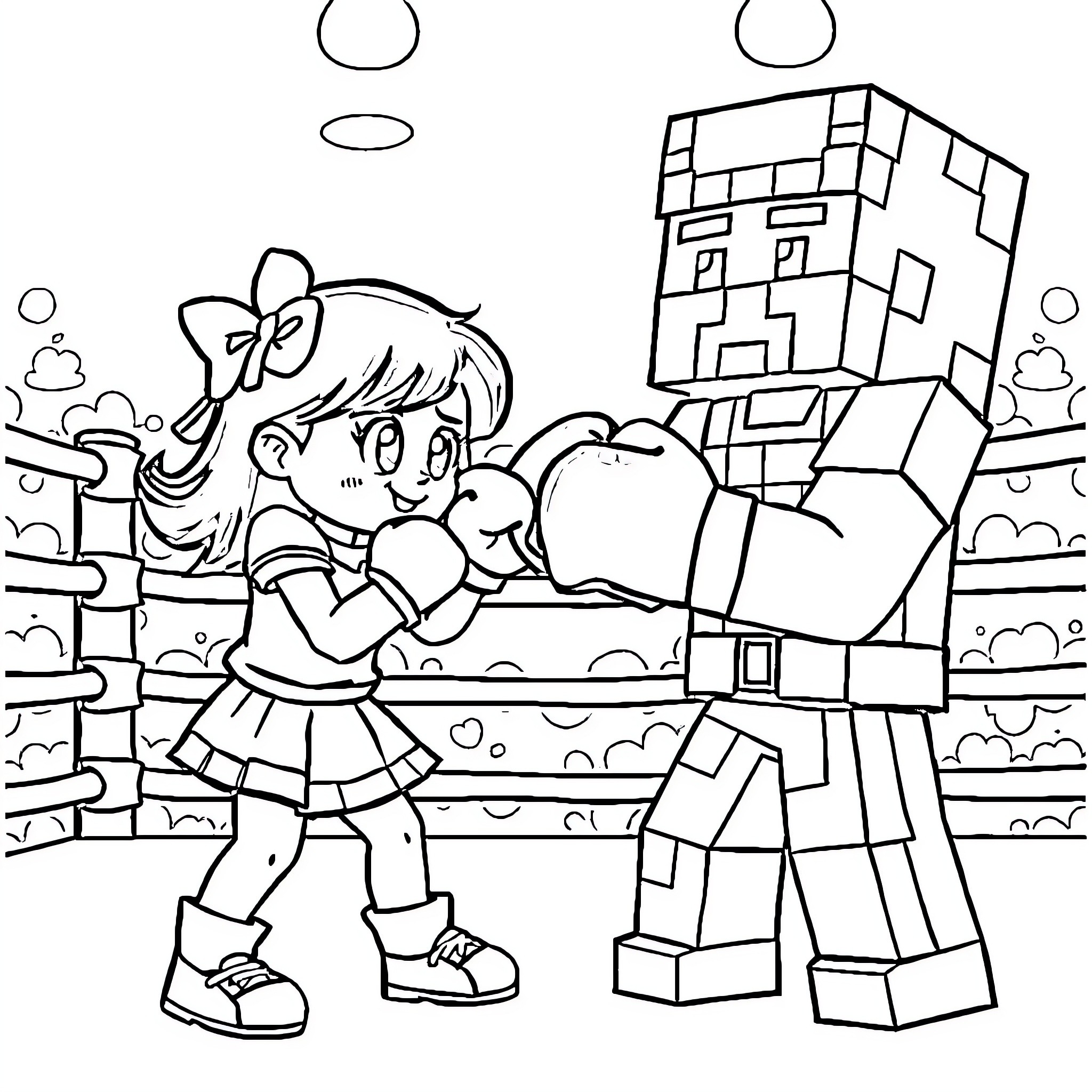Marion's Playful Encounter with a Minecraft Character Coloring Page (free black-and-white line drawing printable PDF for all, from beginners to advanced learners, including children, teens, adults, and seniors)