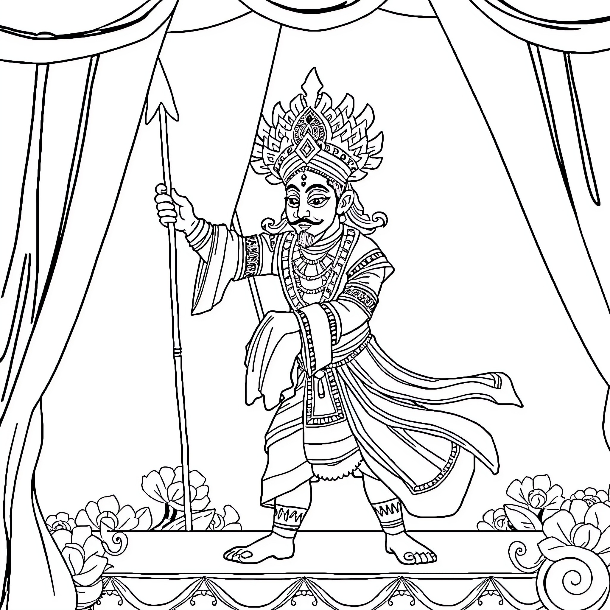 Watang Arjuna in majestic warrior attire Coloring Page (free black-and-white line drawing printable PDF for all, from beginners to advanced learners, including children, teens, adults, and seniors)
