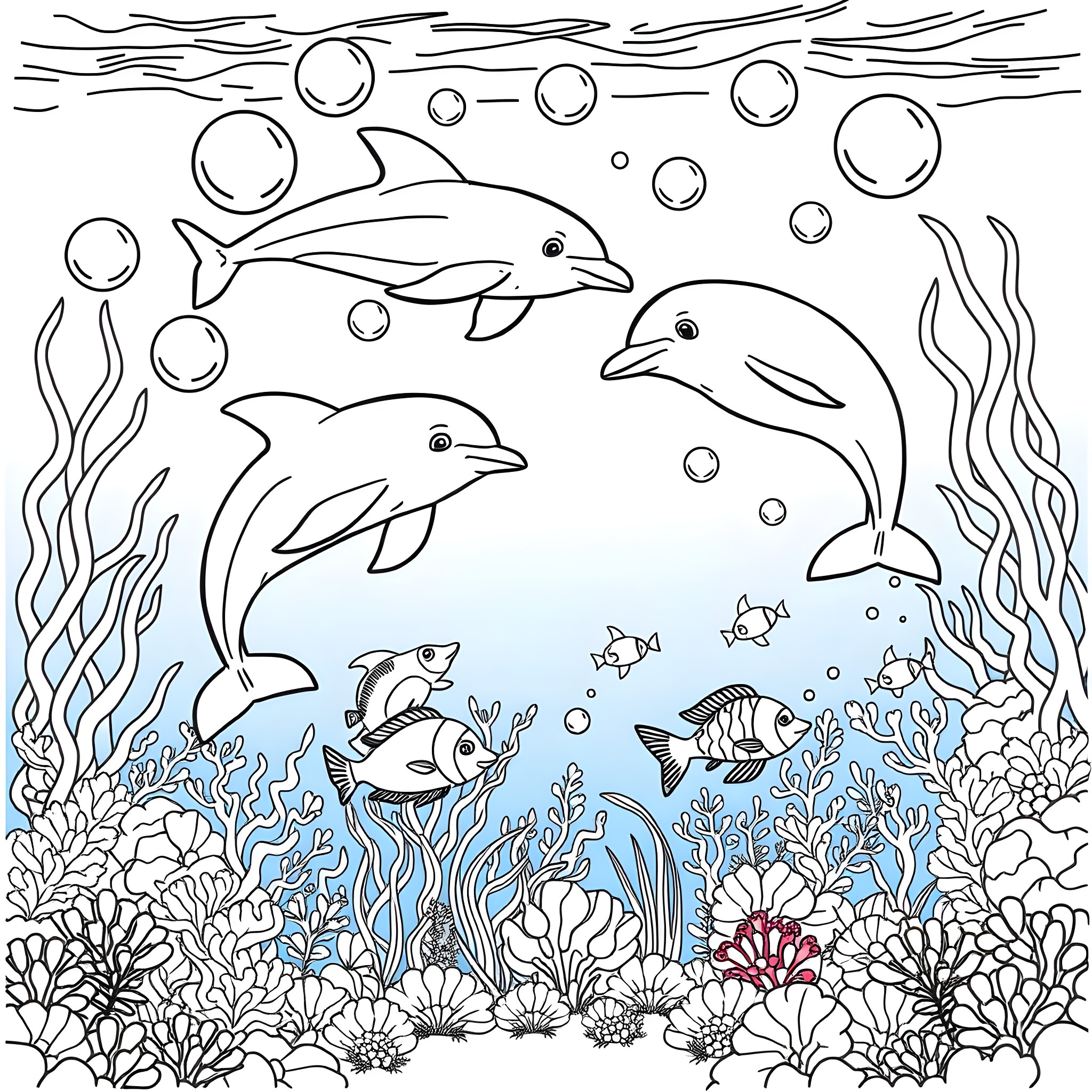 Dolphin swimming happily with friends in the ocean Coloring Page (free black-and-white line drawing printable PDF for all, from beginners to advanced learners, including children, teens, adults, and seniors)