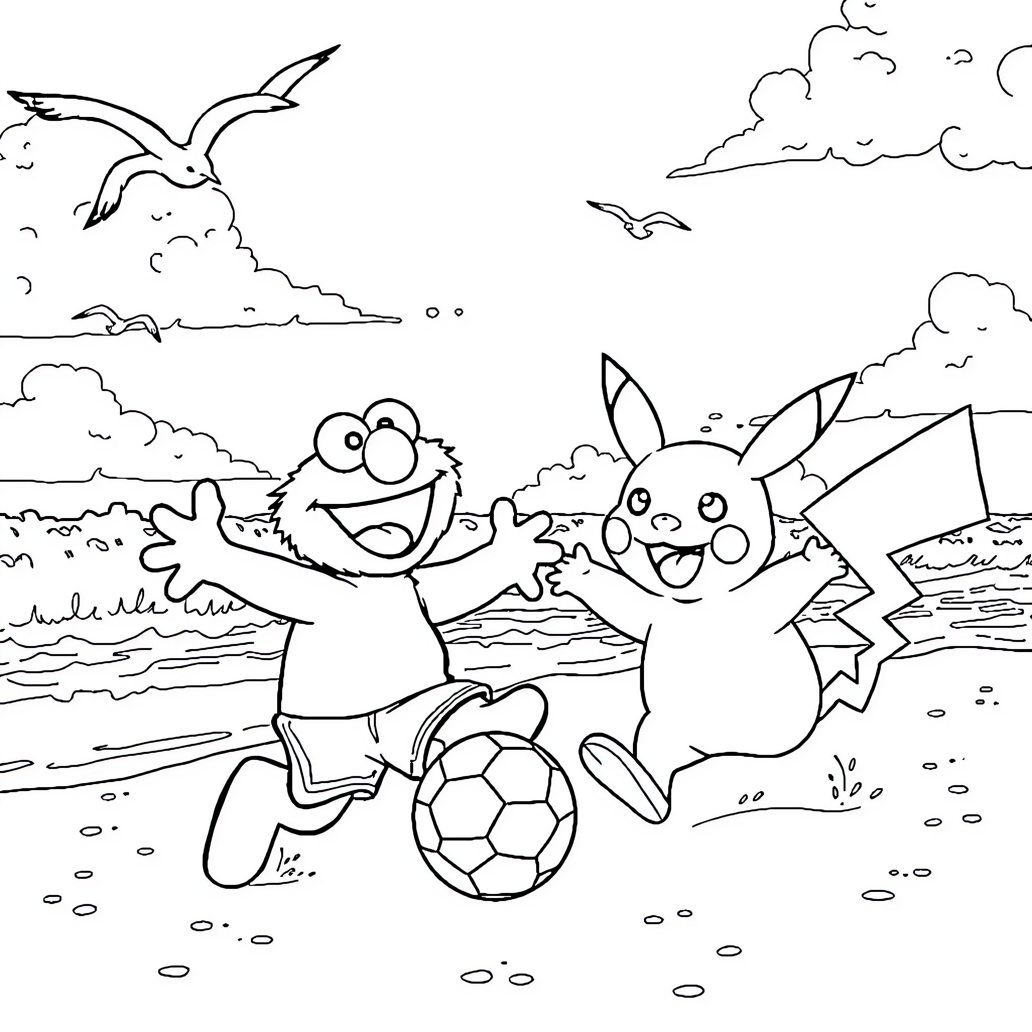 Elmo and Pikachu playing soccer by the beach Coloring Page (free black-and-white line drawing printable PDF for all, from beginners to advanced learners, including children, teens, adults, and seniors)