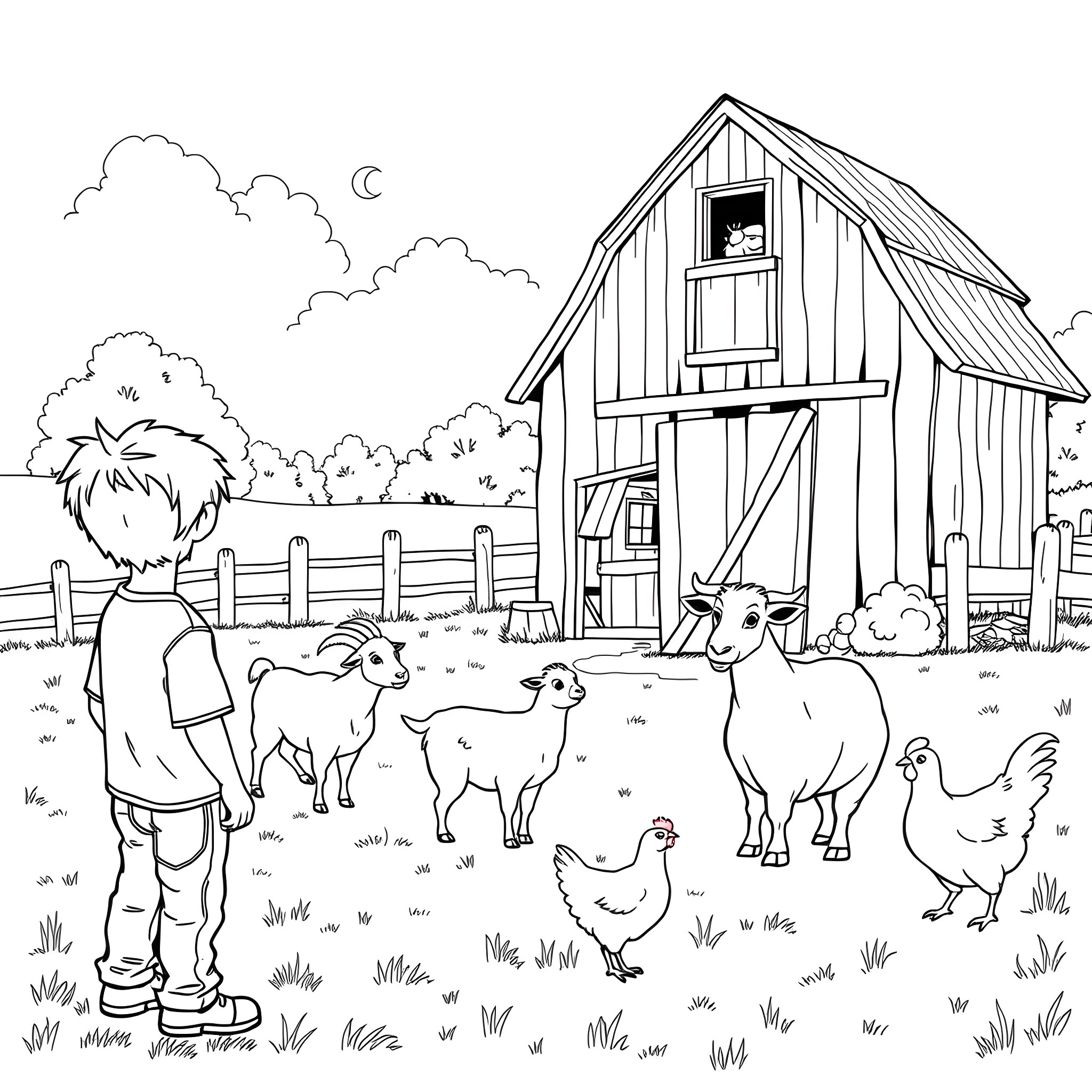 Boy exploring a farm with animals Coloring Page (free black-and-white line drawing printable PDF for all, from beginners to advanced learners, including children, teens, adults, and seniors)