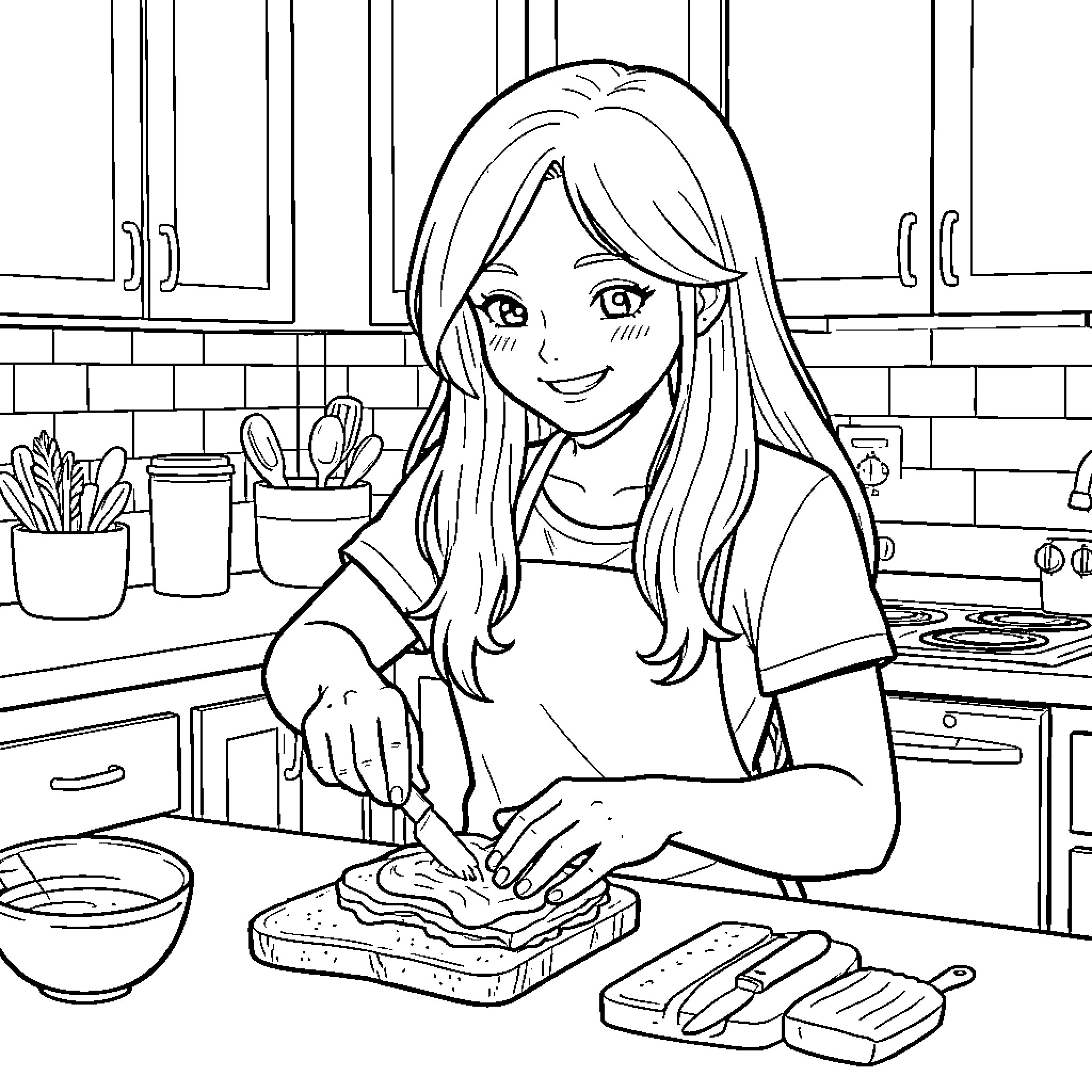 Girl Cooking Happily in the Kitchen Coloring Page (free black-and-white line drawing printable PDF for all, from beginners to advanced learners, including children, teens, adults, and seniors)