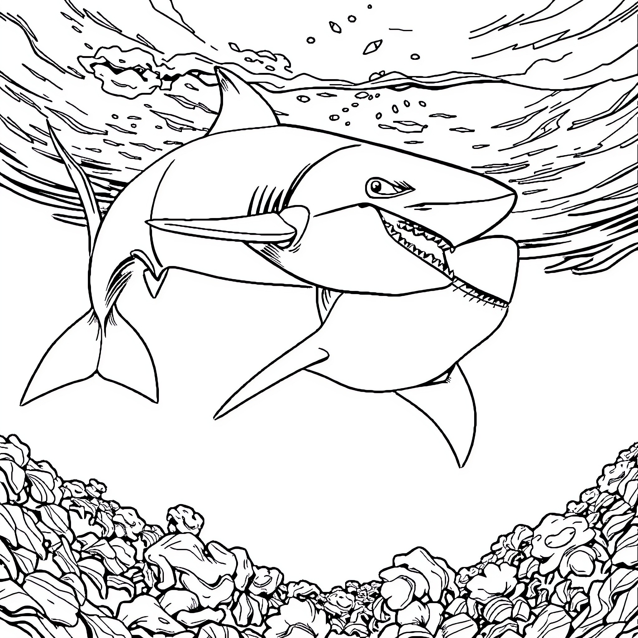 Shark swimming amidst underwater scenery Coloring Page (free black-and-white line drawing printable PDF for all, from beginners to advanced learners, including children, teens, adults, and seniors)