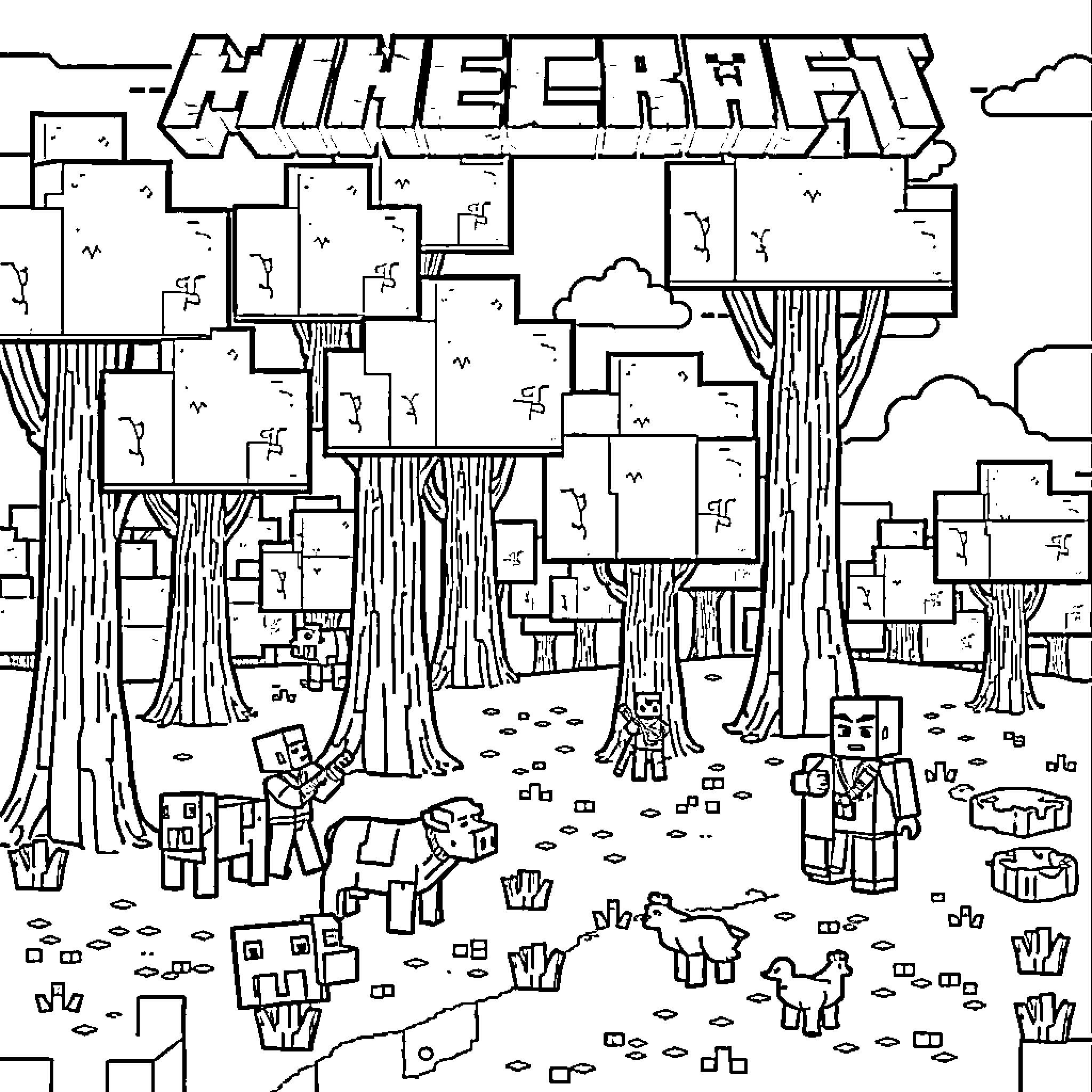 Minecraft characters exploring the forest landscape Coloring Page (free black-and-white line drawing printable PDF for all, from beginners to advanced learners, including children, teens, adults, and seniors)