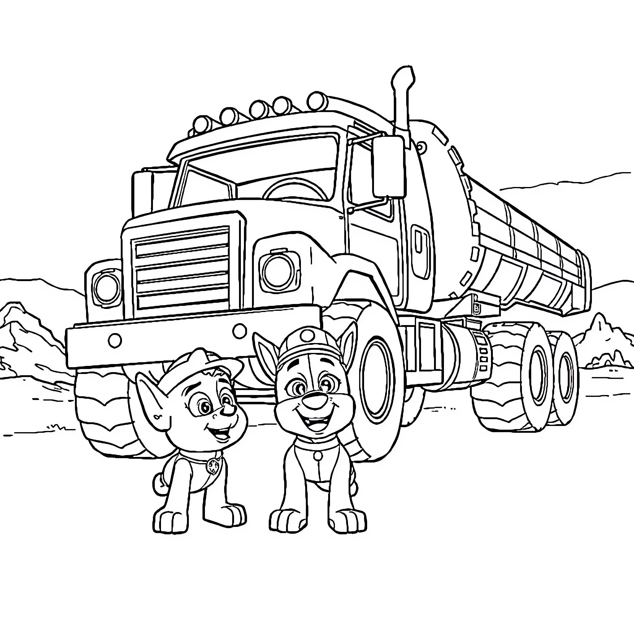 Rubble and Chase watch a large dump truck Coloring Page (free black-and-white line drawing printable PDF for all, from beginners to advanced learners, including children, teens, adults, and seniors)