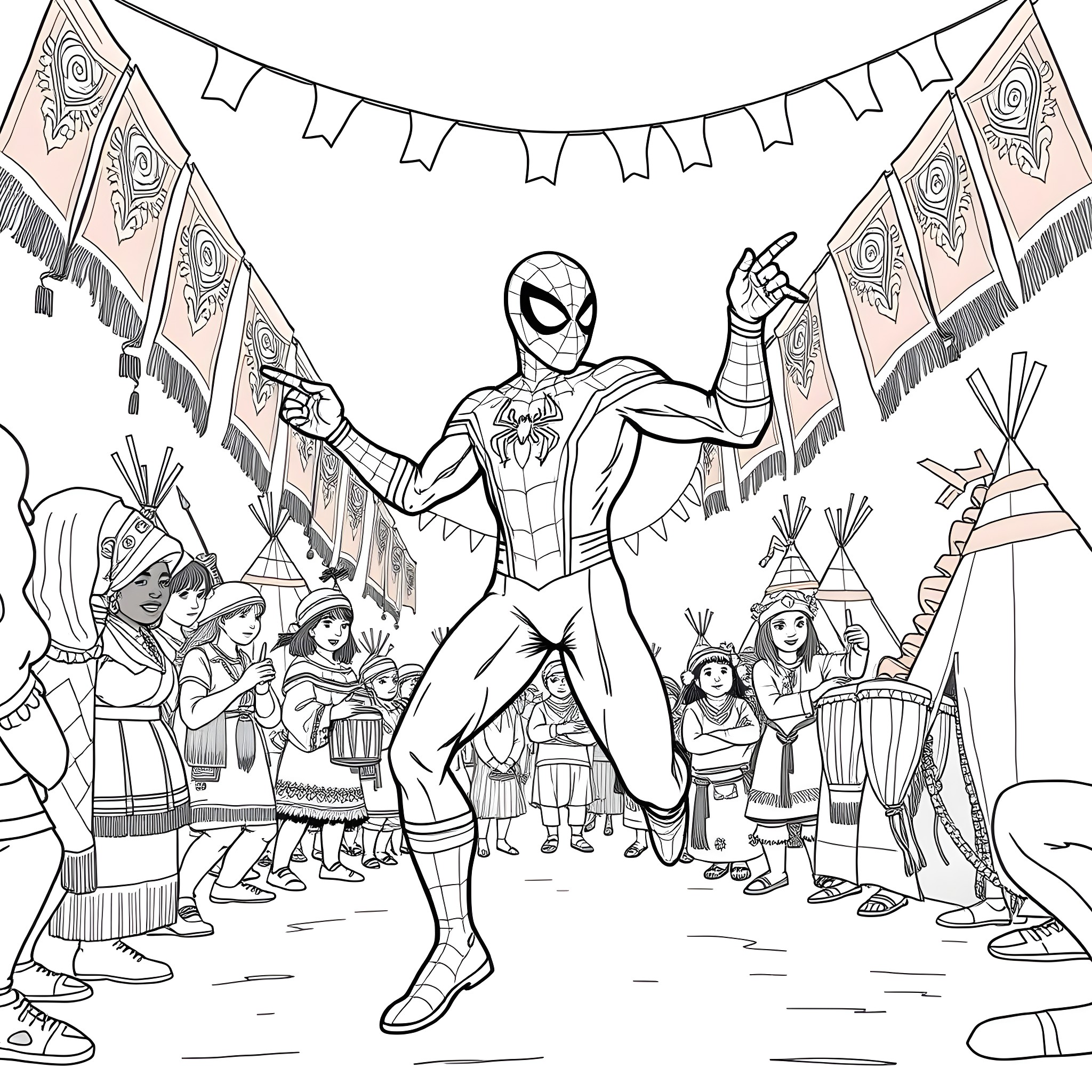 Spiderman celebrates with tribal people in festive scene Coloring Page (free black-and-white line drawing printable PDF for all, from beginners to advanced learners, including children, teens, adults, and seniors)
