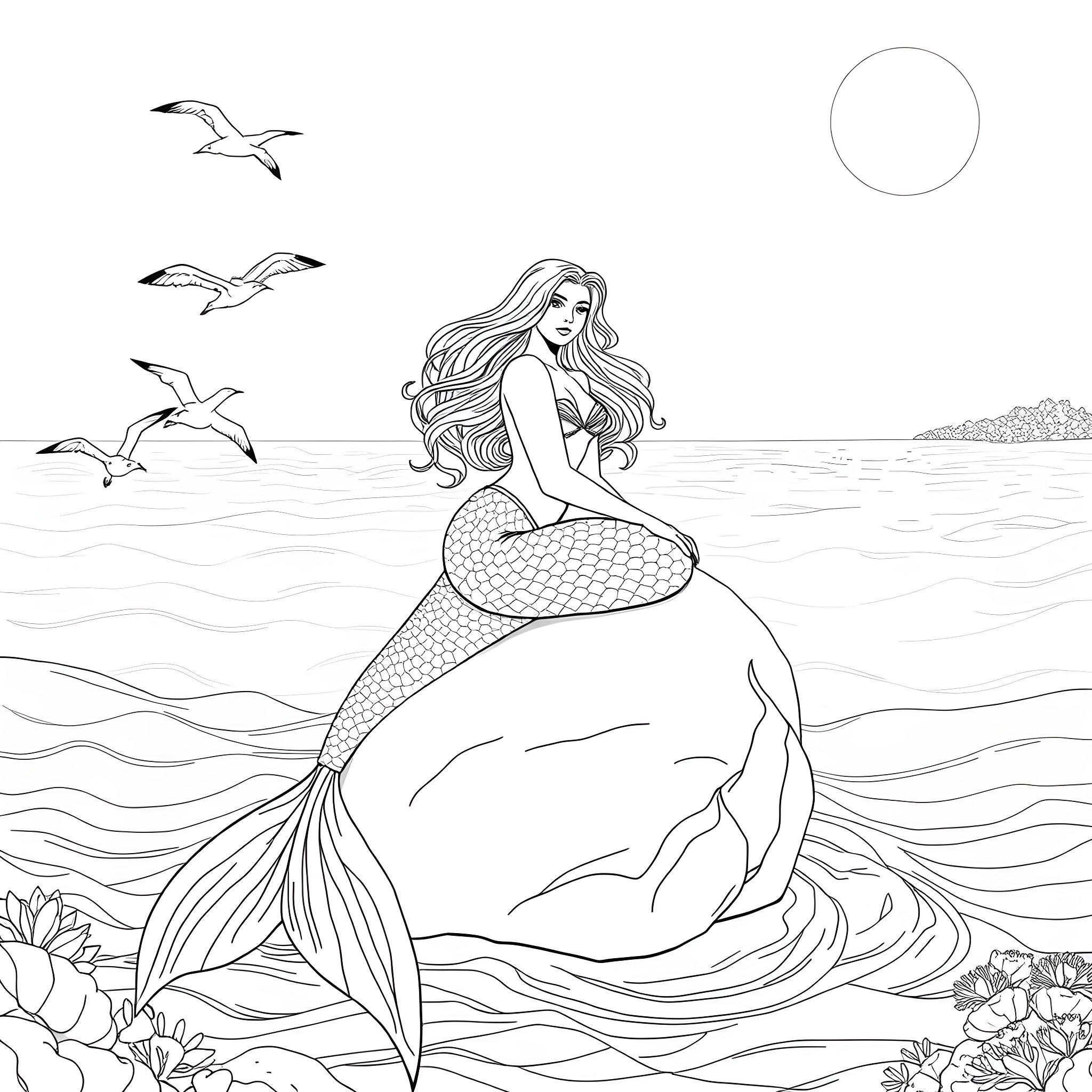 Mermaid sitting on the ocean waves, surrounded by seagulls and the moon Coloring Page (free black-and-white line drawing printable PDF for all, from beginners to advanced learners, including children, teens, adults, and seniors)