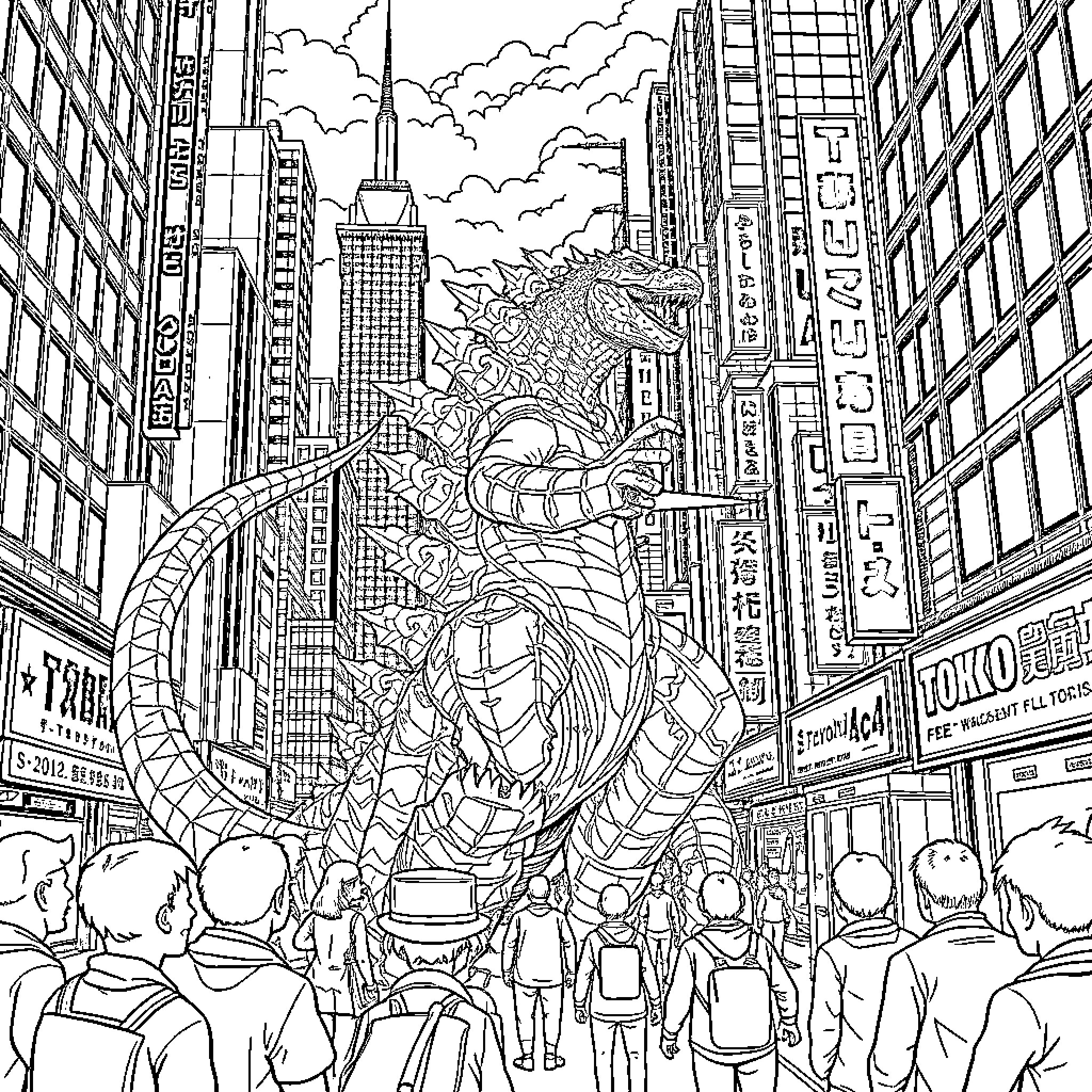 Tralalero: Towering Monster Looming Over City Crowds Coloring Page (free black-and-white line drawing printable PDF for all, from beginners to advanced learners, including children, teens, adults, and seniors)