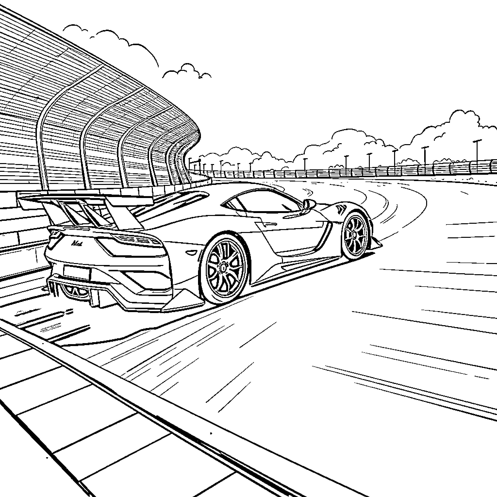 Racecar speeding on racetrack with grandstand Coloring Page (free black-and-white line drawing printable PDF for all, from beginners to advanced learners, including children, teens, adults, and seniors)