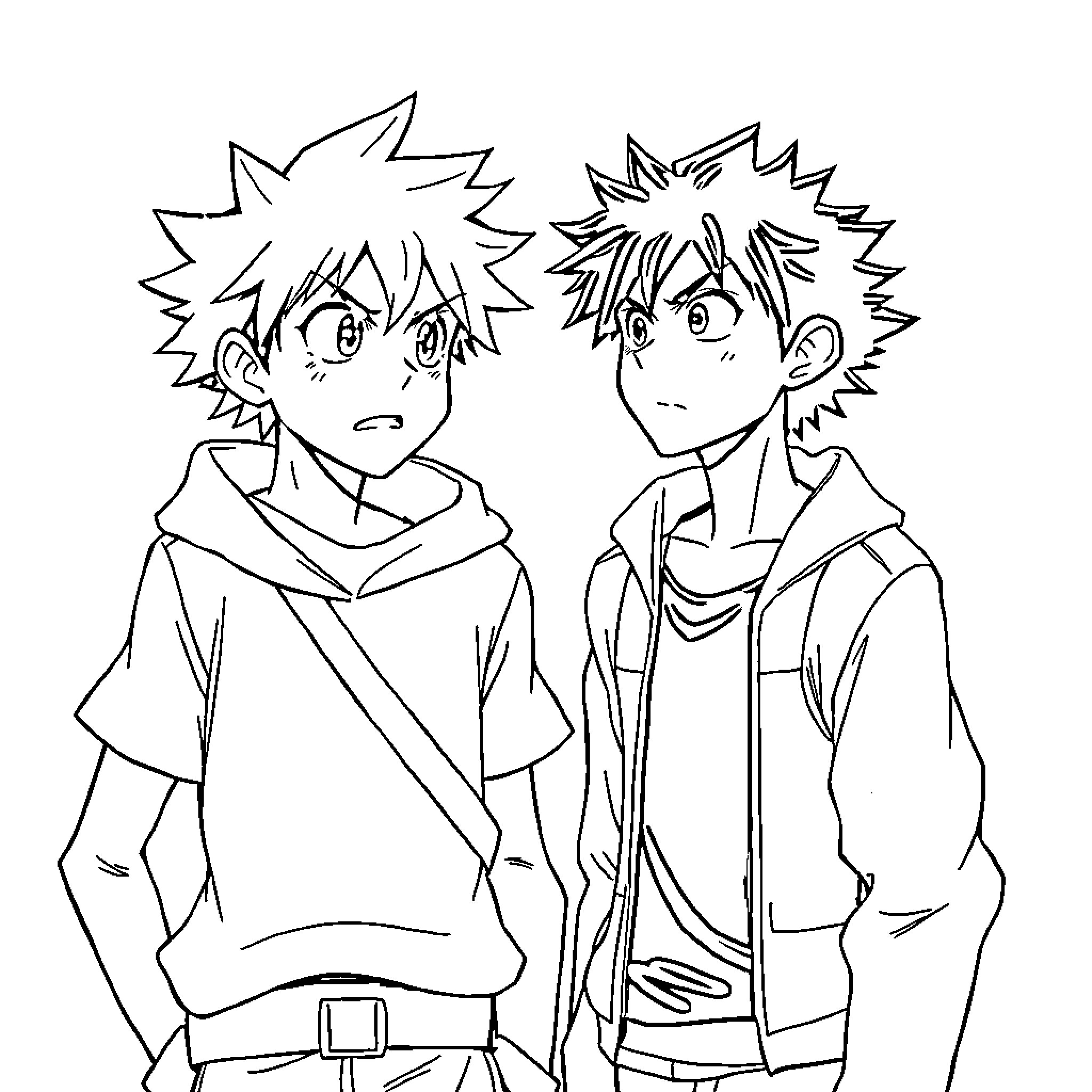 Izuku's Lively Encounter with a Familiar Friend Coloring Page (free black-and-white line drawing printable PDF for all, from beginners to advanced learners, including children, teens, adults, and seniors)