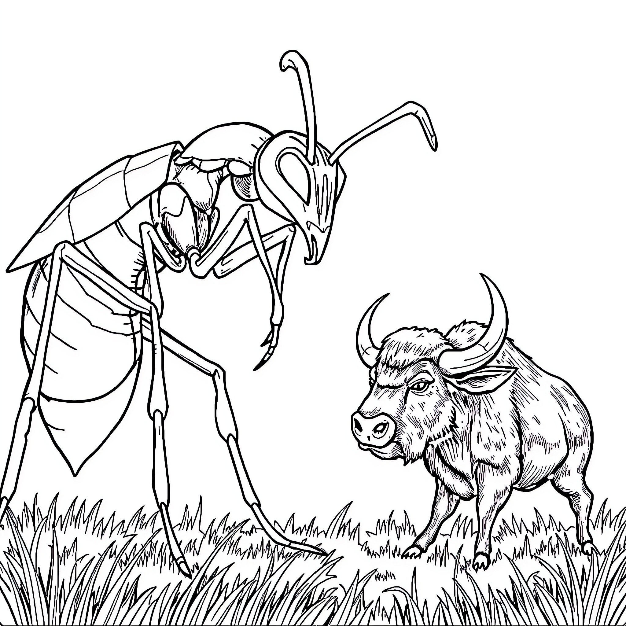 Ant observing a buffalo in the wilderness Coloring Page (free black-and-white line drawing printable PDF for all, from beginners to advanced learners, including children, teens, adults, and seniors)