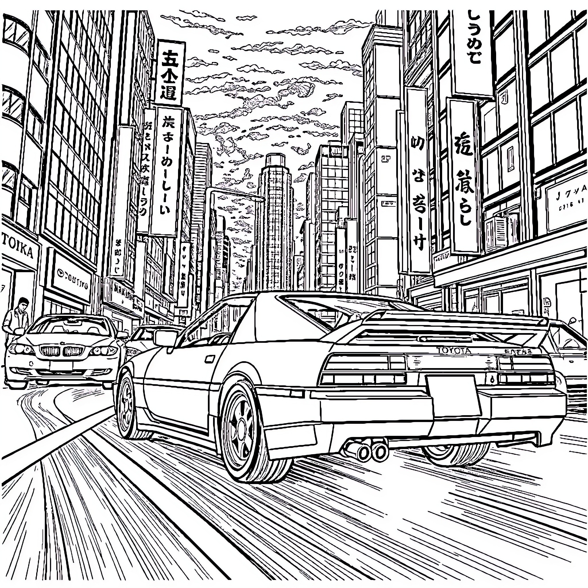 Toyota MR2 speeding through the city streets Coloring Page (free black-and-white line drawing printable PDF for all, from beginners to advanced learners, including children, teens, adults, and seniors)