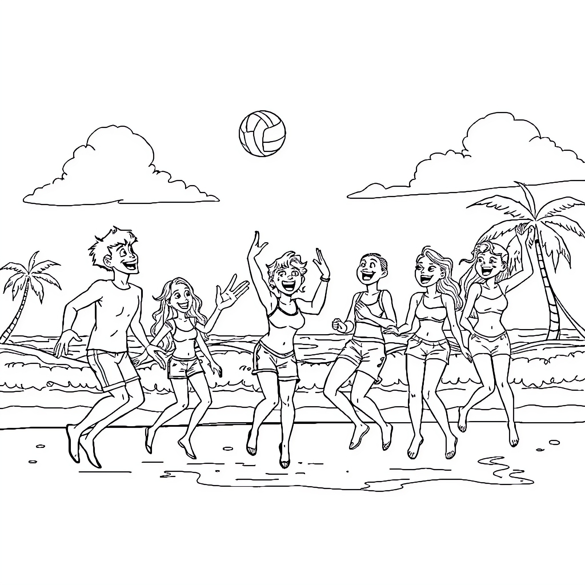 Teenagers enjoying a beach volleyball game Coloring Page (free black-and-white line drawing printable PDF for all, from beginners to advanced learners, including children, teens, adults, and seniors)