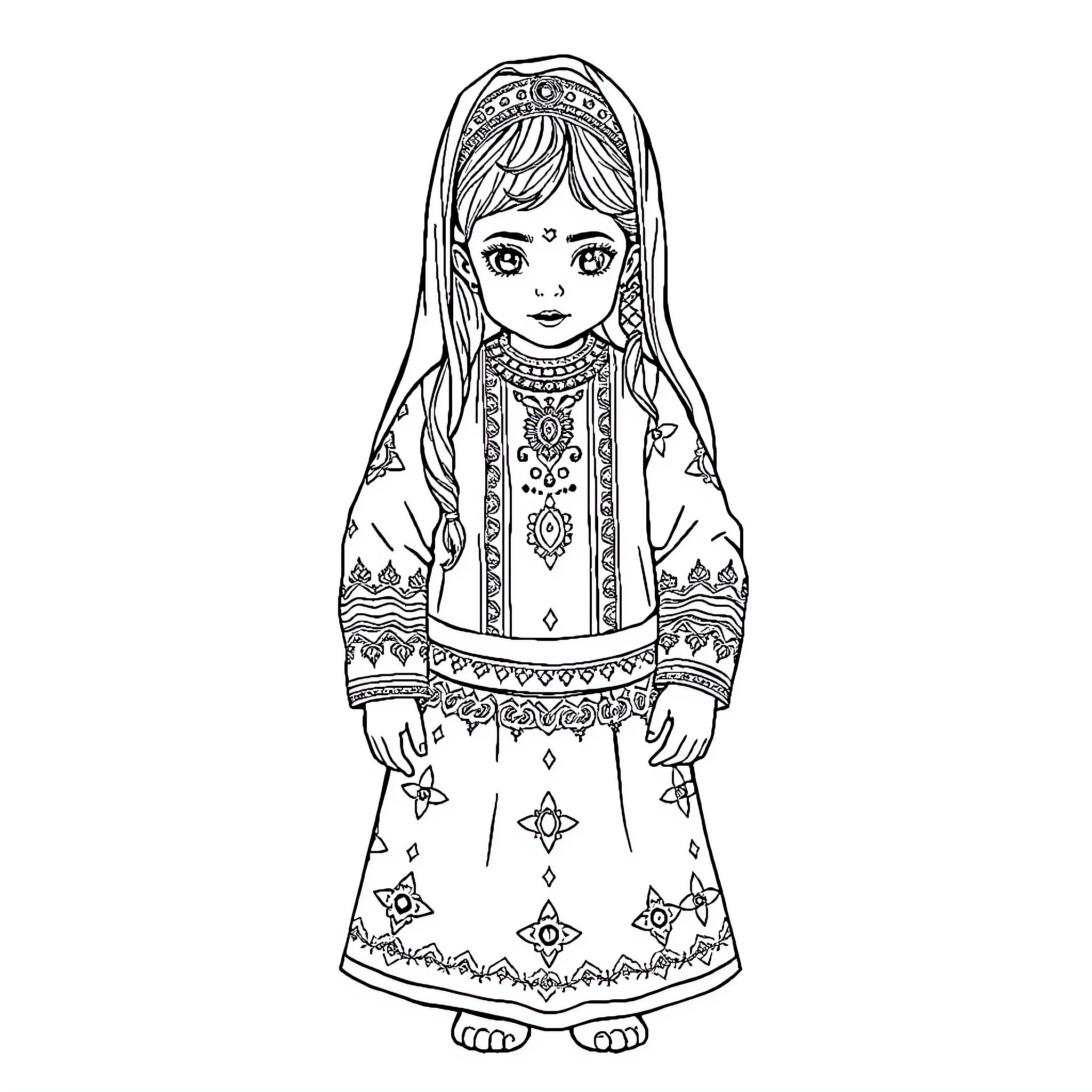 Girl in traditional ethnic dress with ornate details Coloring Page (free black-and-white line drawing printable PDF for all, from beginners to advanced learners, including children, teens, adults, and seniors)