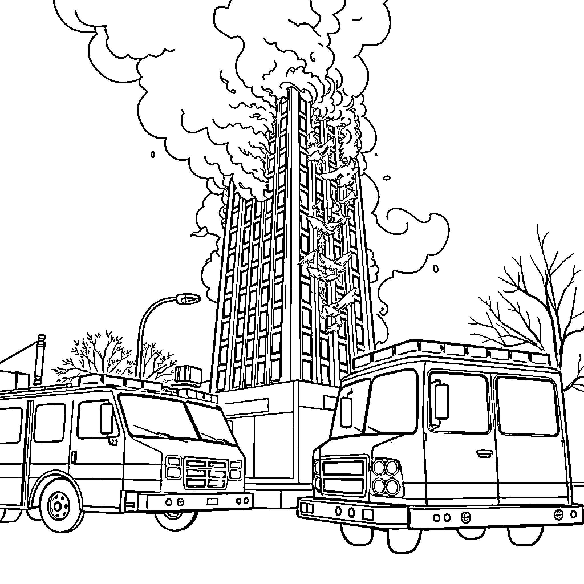 Emergency Vehicles Responding to Building Fire Coloring Page (free black-and-white line drawing printable PDF for all, from beginners to advanced learners, including children, teens, adults, and seniors)