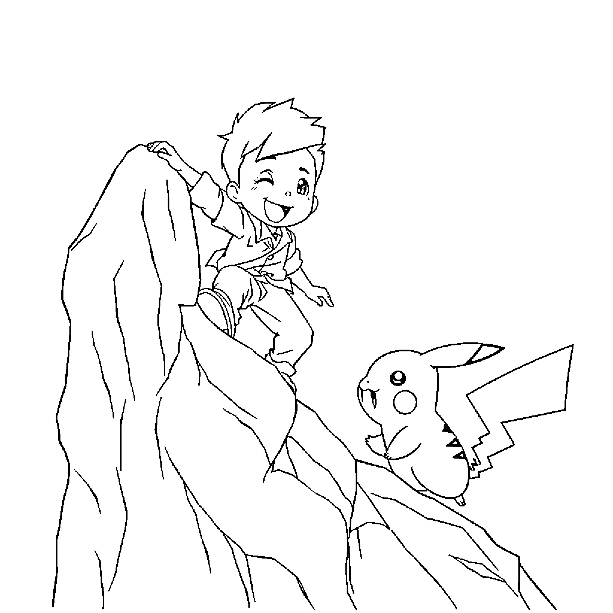 Léandre's Playful Adventure with Pikachu Coloring Page (free black-and-white line drawing printable PDF for all, from beginners to advanced learners, including children, teens, adults, and seniors)