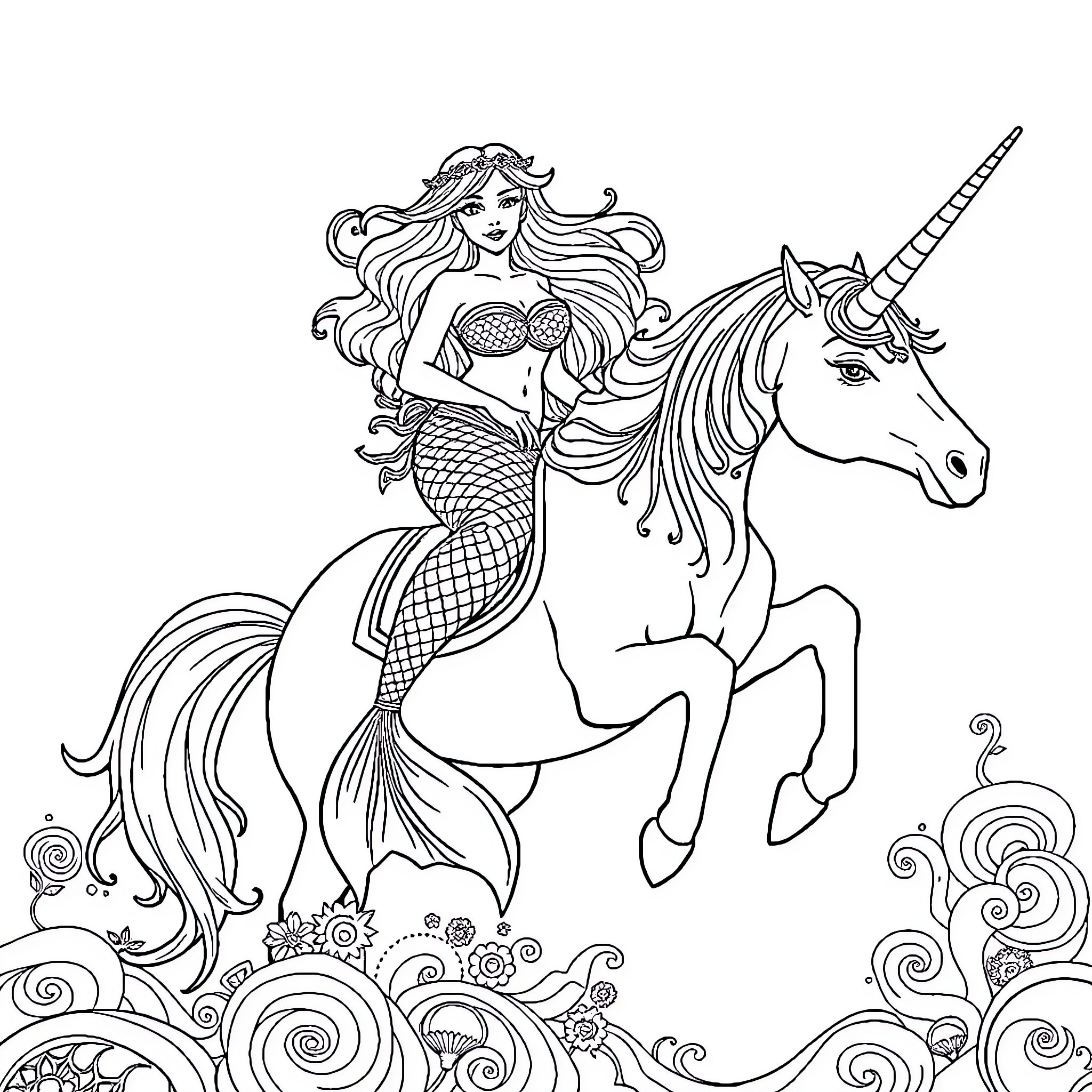 Mermaid riding a majestic unicorn through the ocean Coloring Page (free black-and-white line drawing printable PDF for all, from beginners to advanced learners, including children, teens, adults, and seniors)