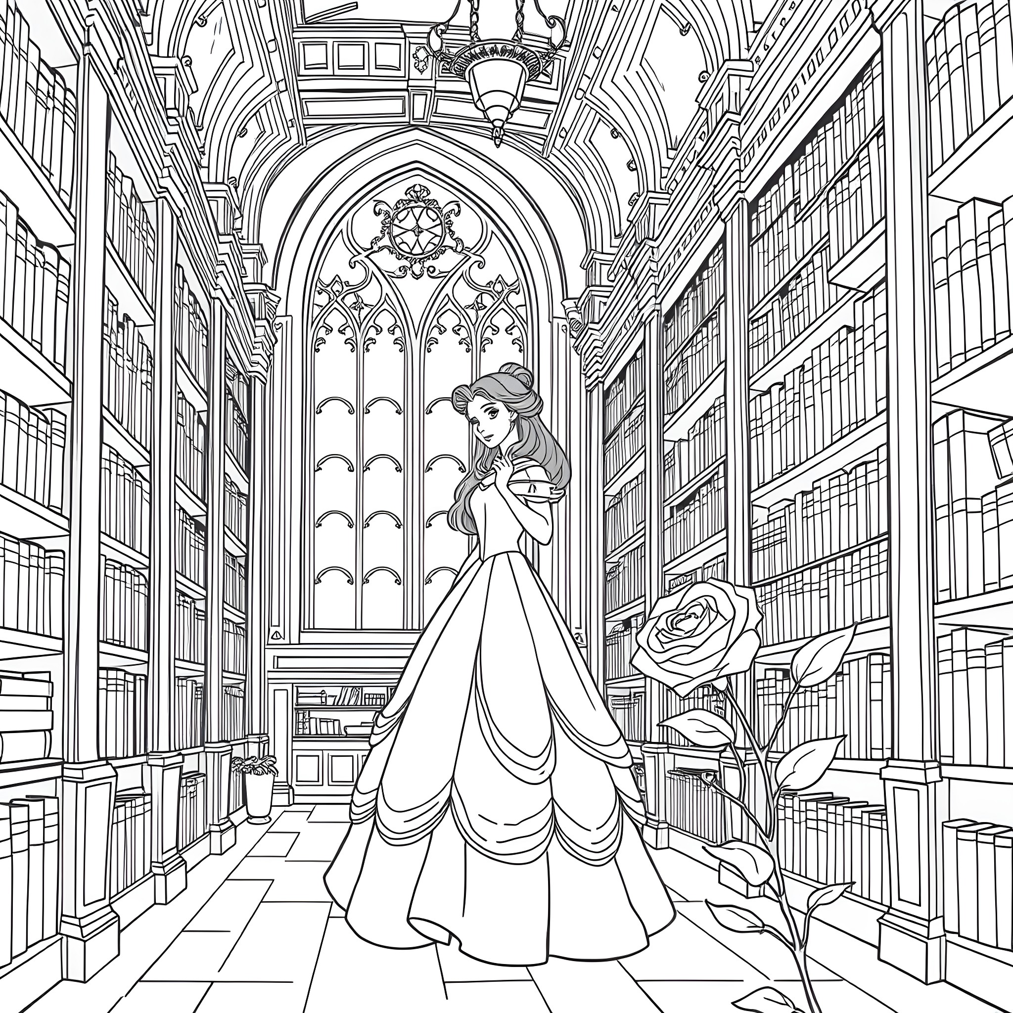 Belle's Enchanting Library Adventure Coloring Page (free black-and-white line drawing printable PDF for all, from beginners to advanced learners, including children, teens, adults, and seniors)