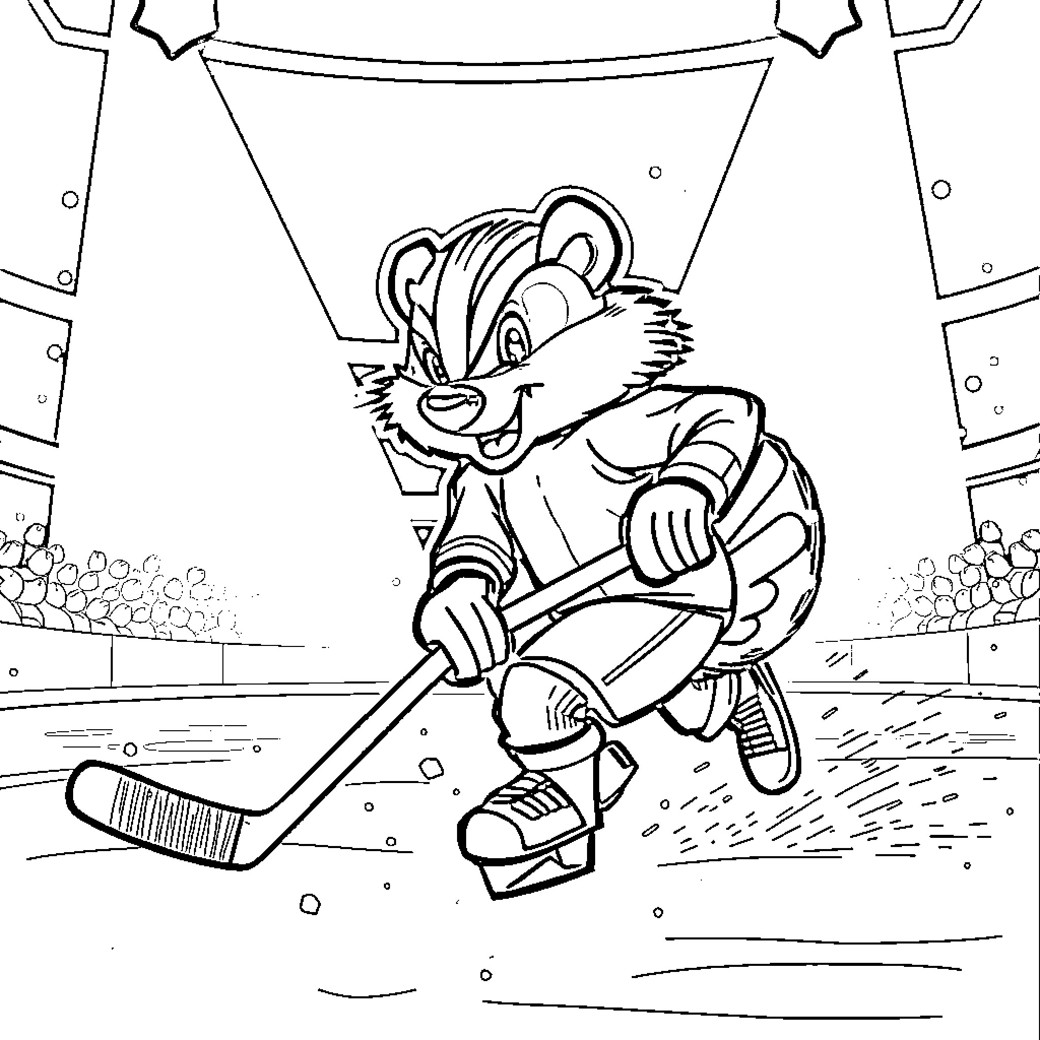 Honey Badger Playing Hockey on the Ice Coloring Page (free black-and-white line drawing printable PDF for all, from beginners to advanced learners, including children, teens, adults, and seniors)