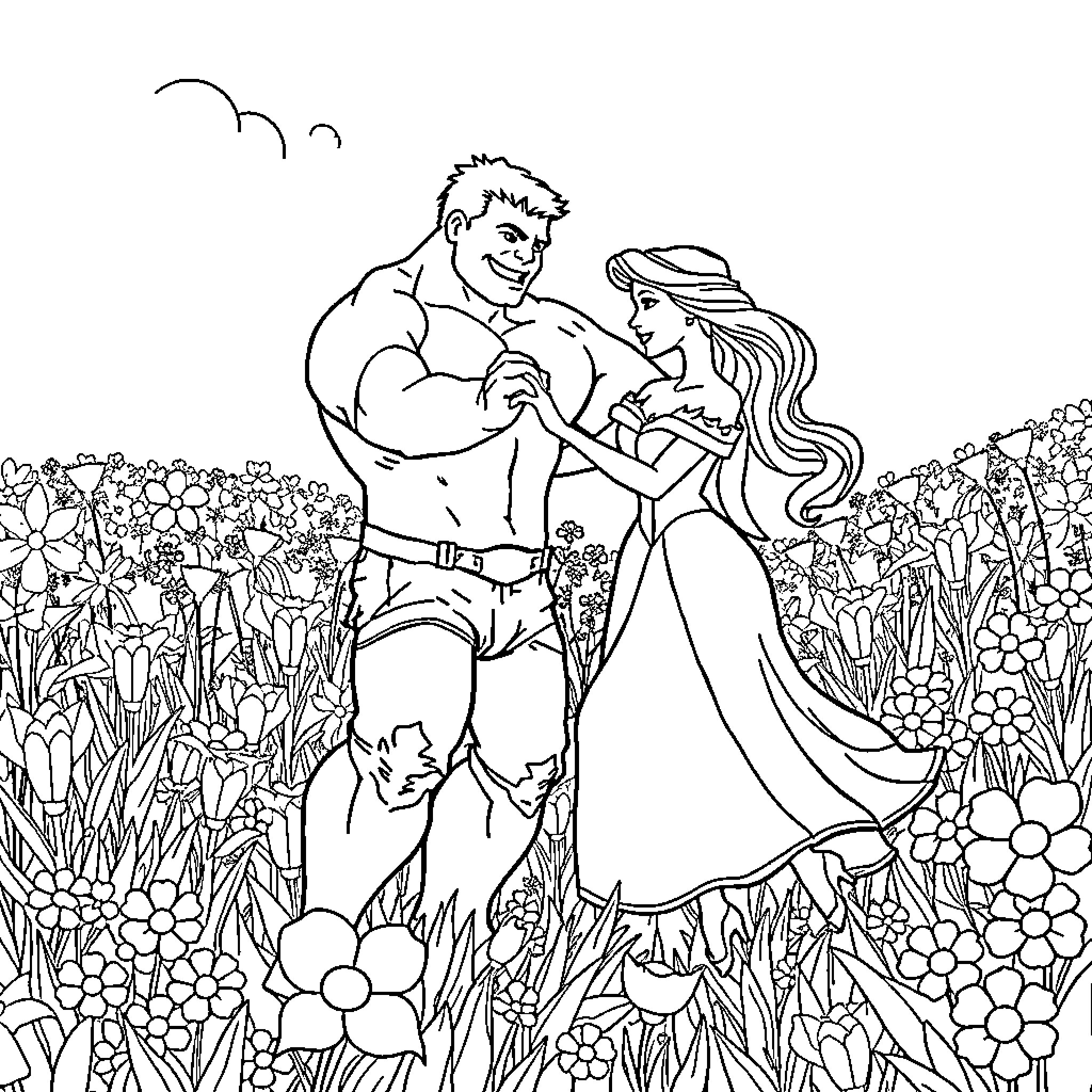 Hulk's Romantic Encounter in a Floral Garden Coloring Page (free black-and-white line drawing printable PDF for all, from beginners to advanced learners, including children, teens, adults, and seniors)