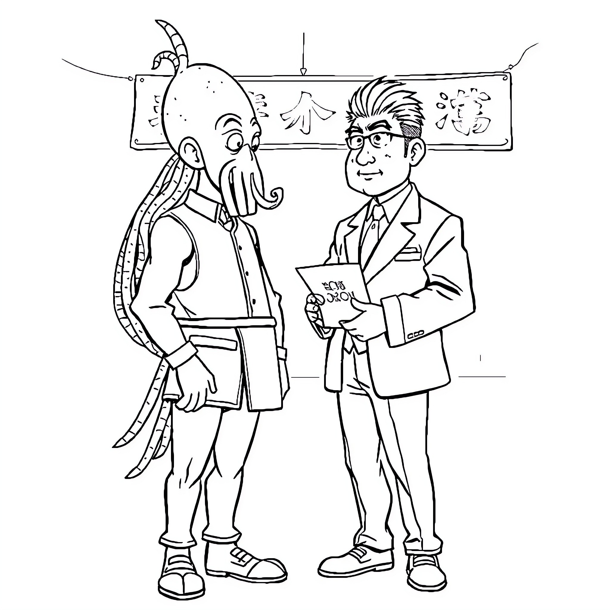 Squid Game: Suited Player Interacting with Peculiar Character Coloring Page (free black-and-white line drawing printable PDF for all, from beginners to advanced learners, including children, teens, adults, and seniors)