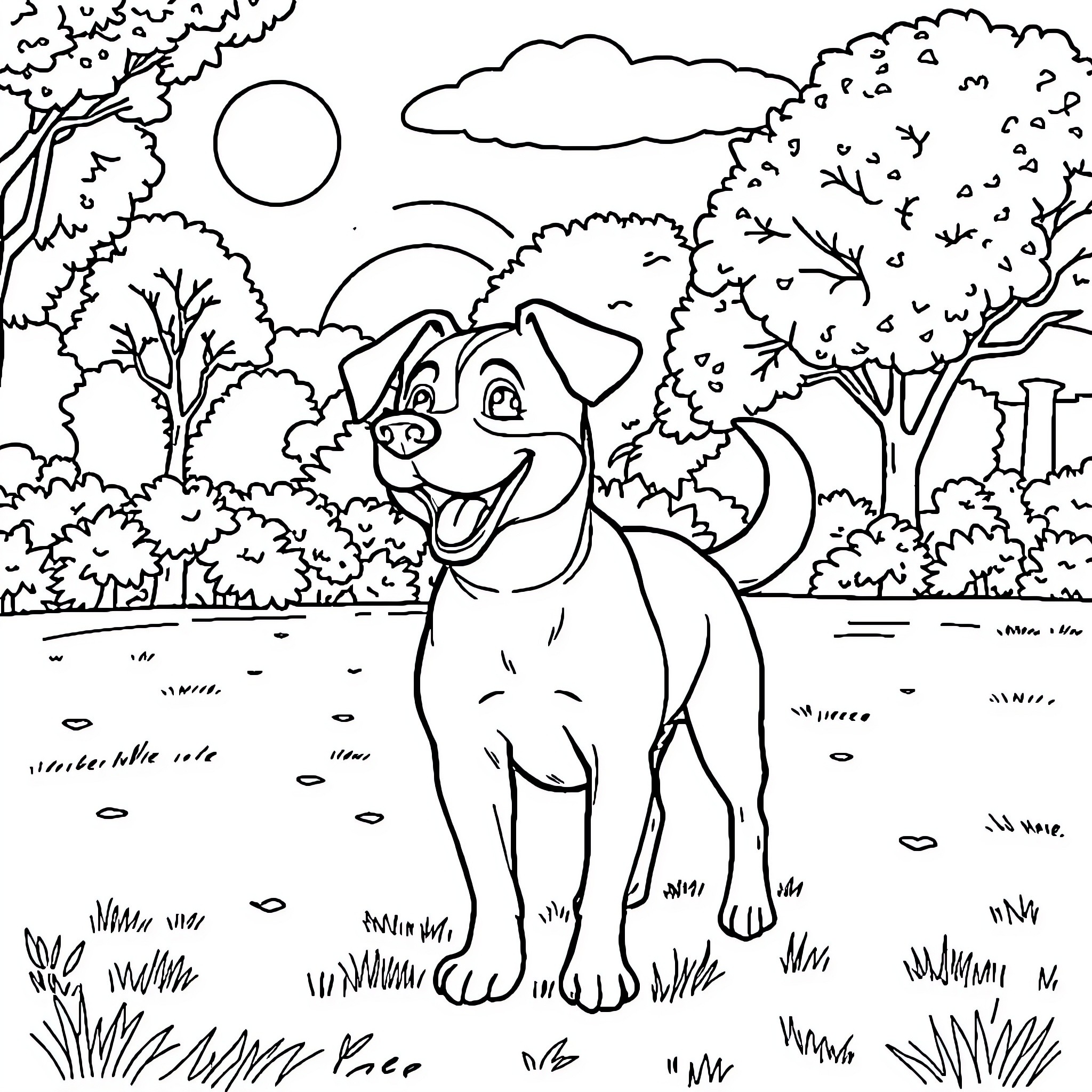 Dog playing joyfully in a scenic outdoor setting Coloring Page (free black-and-white line drawing printable PDF for all, from beginners to advanced learners, including children, teens, adults, and seniors)