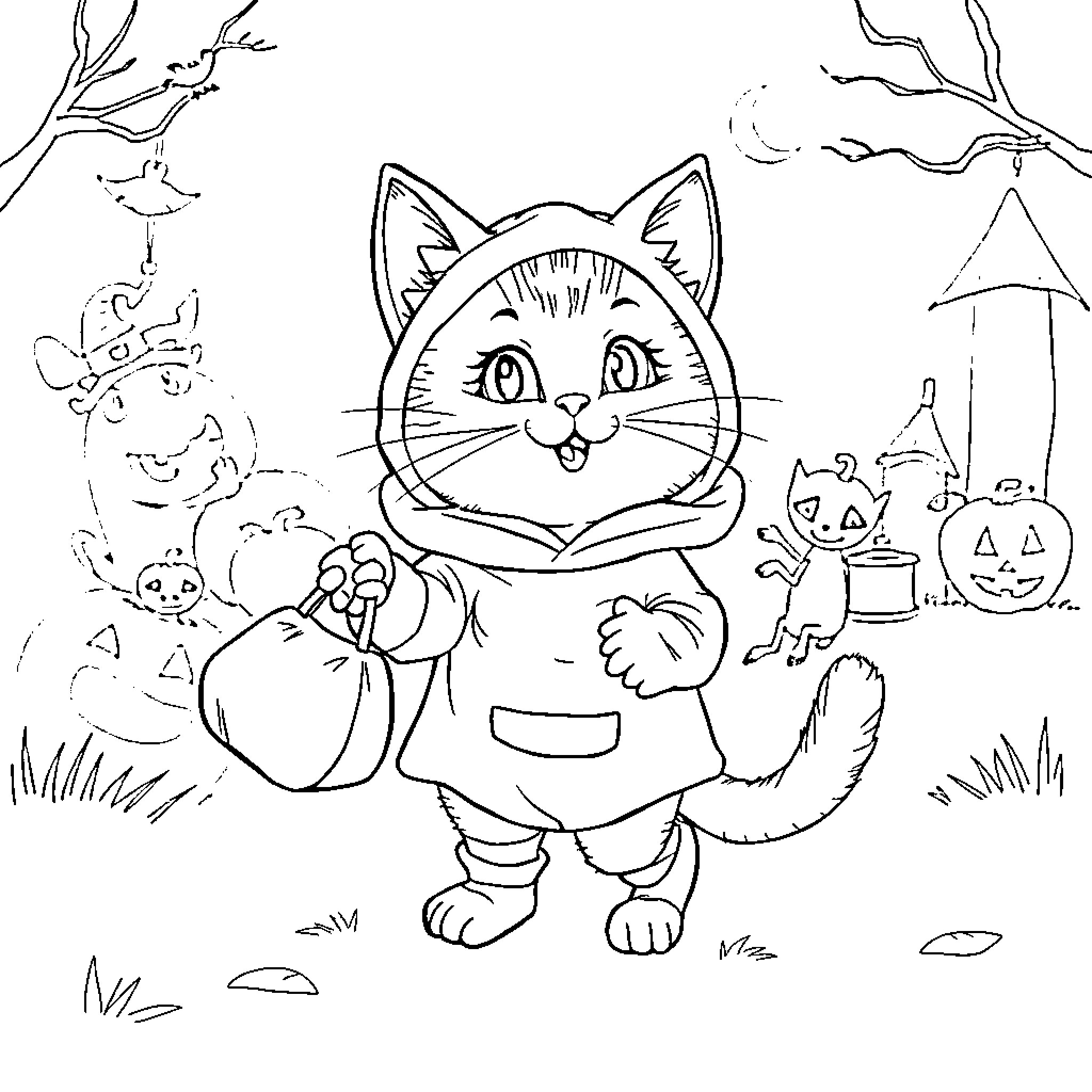Cat in a Halloween costume Coloring Page (free black-and-white line drawing printable PDF for all, from beginners to advanced learners, including children, teens, adults, and seniors)