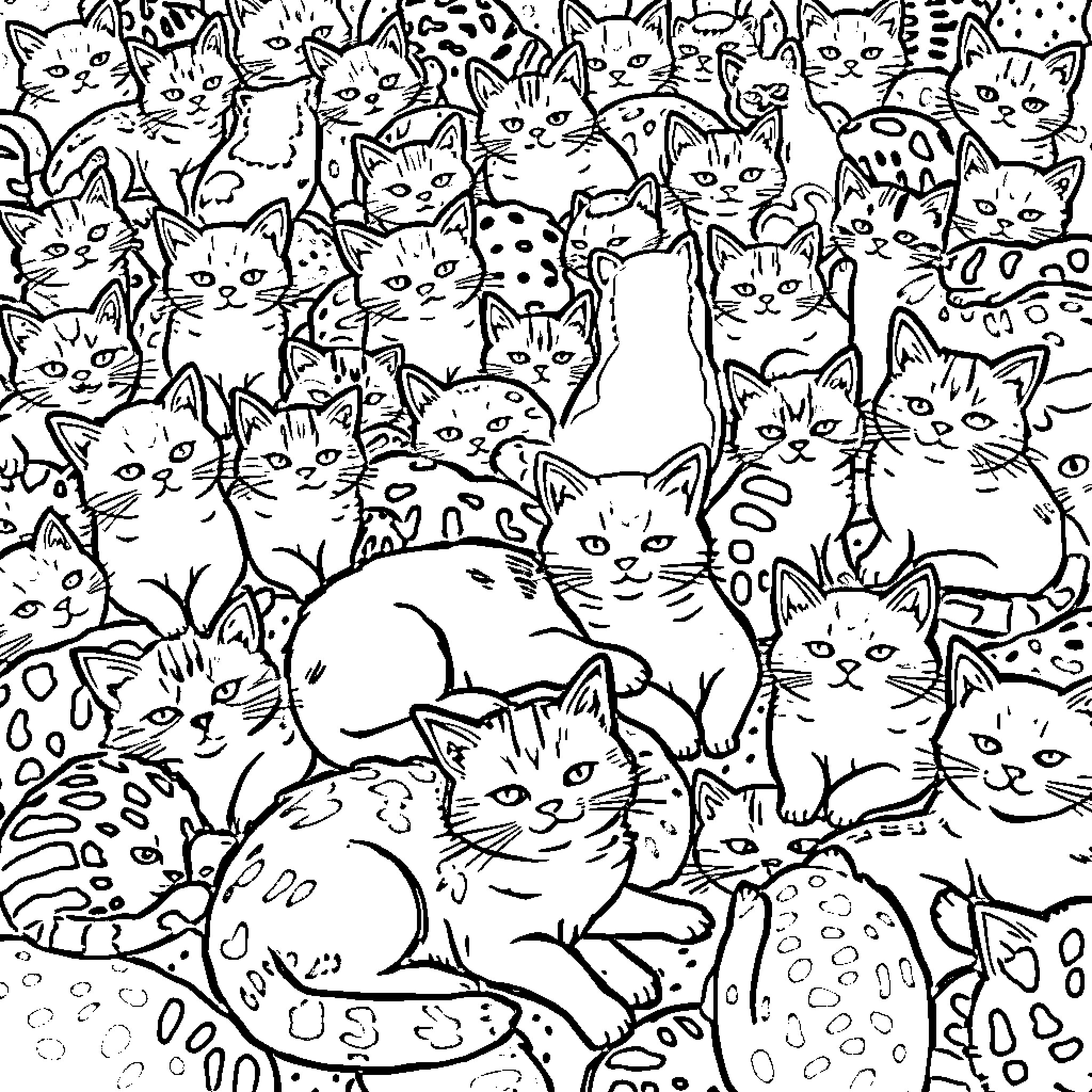 Cat Chaos: A Crowd of Curious Feline Faces Coloring Page (free black-and-white line drawing printable PDF for all, from beginners to advanced learners, including children, teens, adults, and seniors)