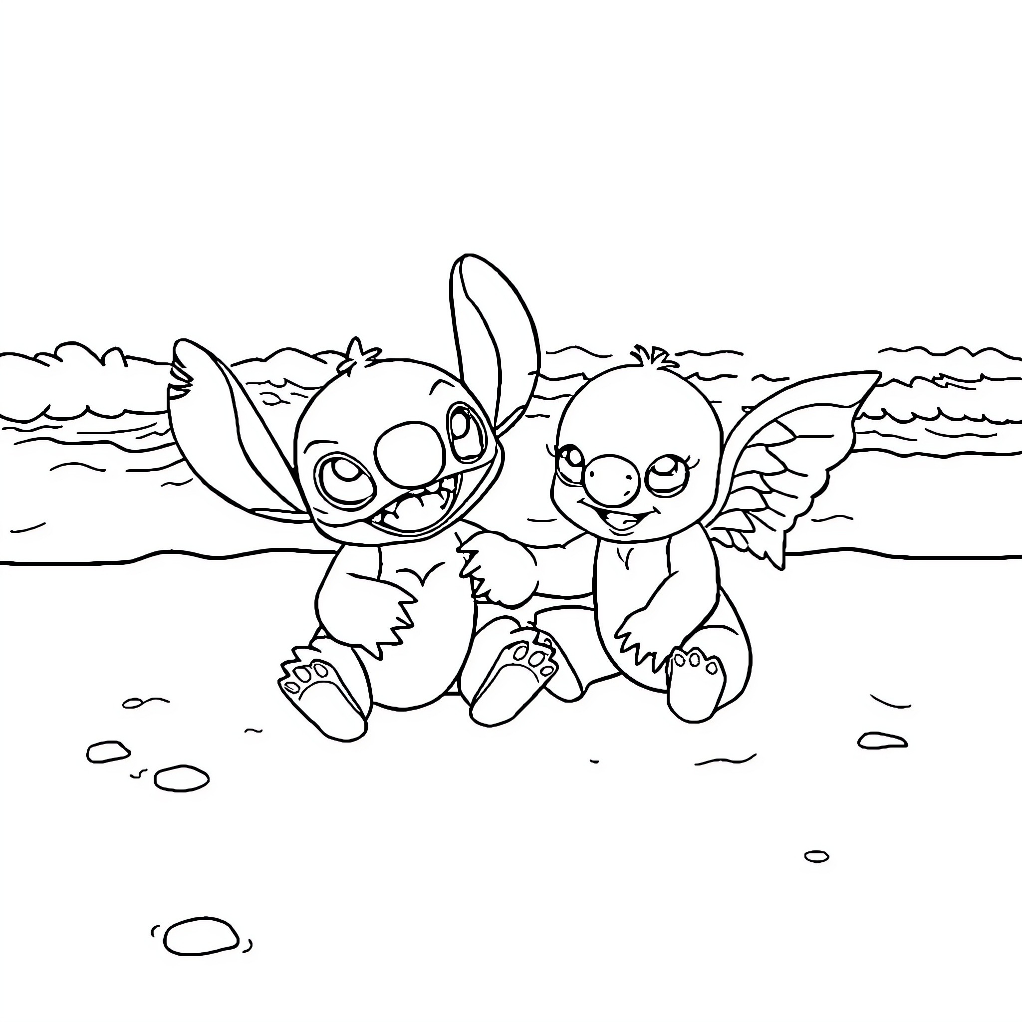 Stitch and Angel playing together on the beach Coloring Page (free black-and-white line drawing printable PDF for all, from beginners to advanced learners, including children, teens, adults, and seniors)