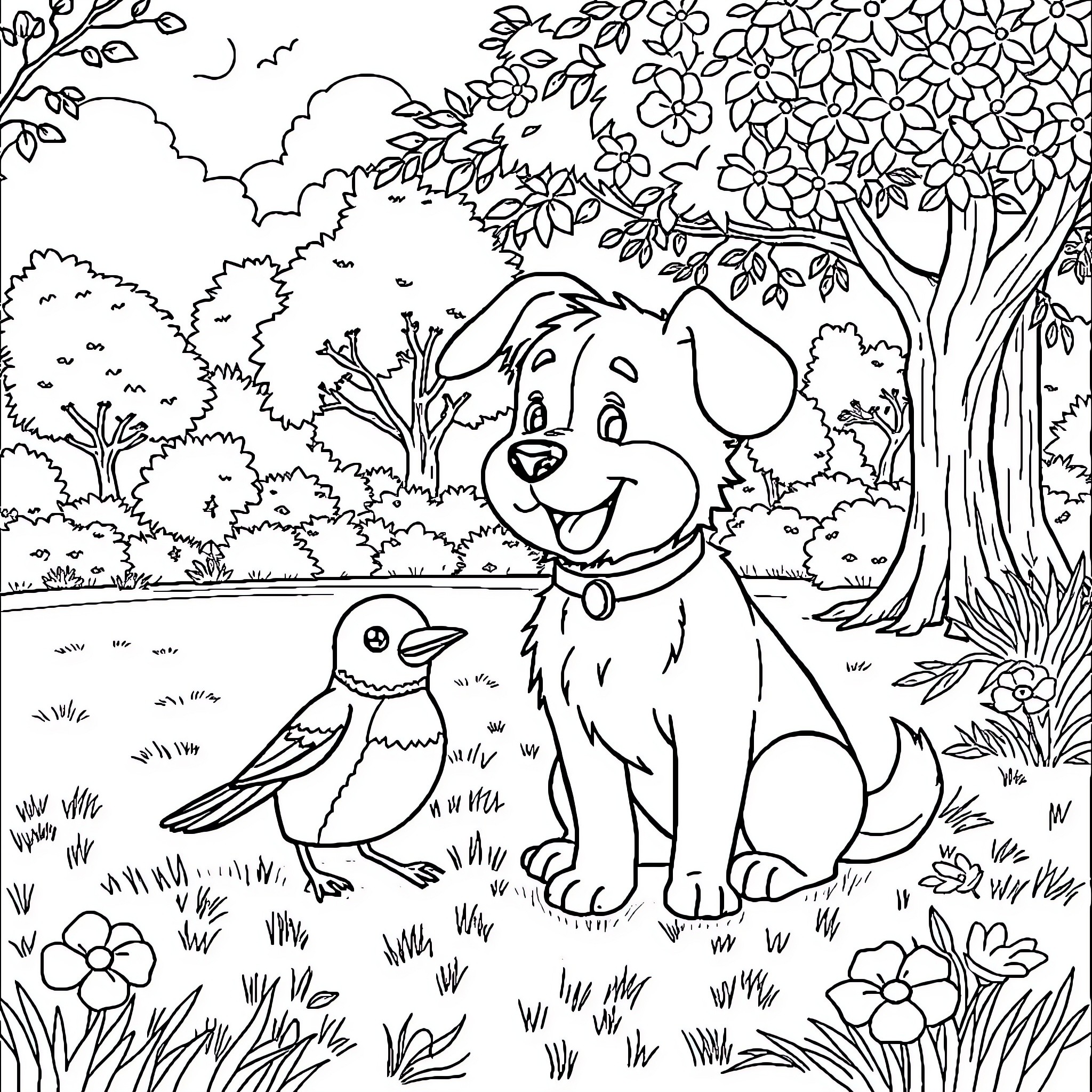 Bluey's Peaceful Forest Adventure Coloring Page (free black-and-white line drawing printable PDF for all, from beginners to advanced learners, including children, teens, adults, and seniors)