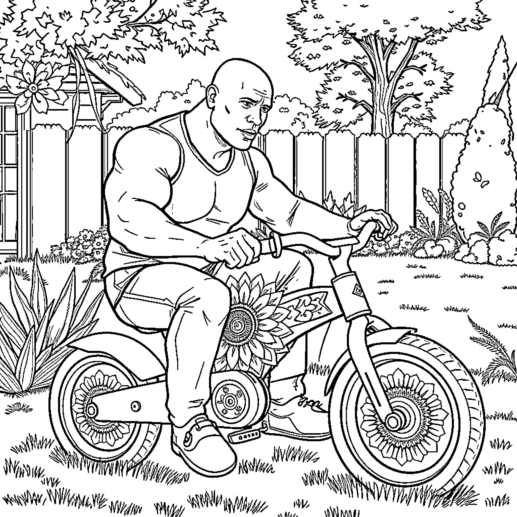 Dwayne Johnson riding a motorcycle through the garden Coloring Page (free black-and-white line drawing printable PDF for all, from beginners to advanced learners, including children, teens, adults, and seniors)
