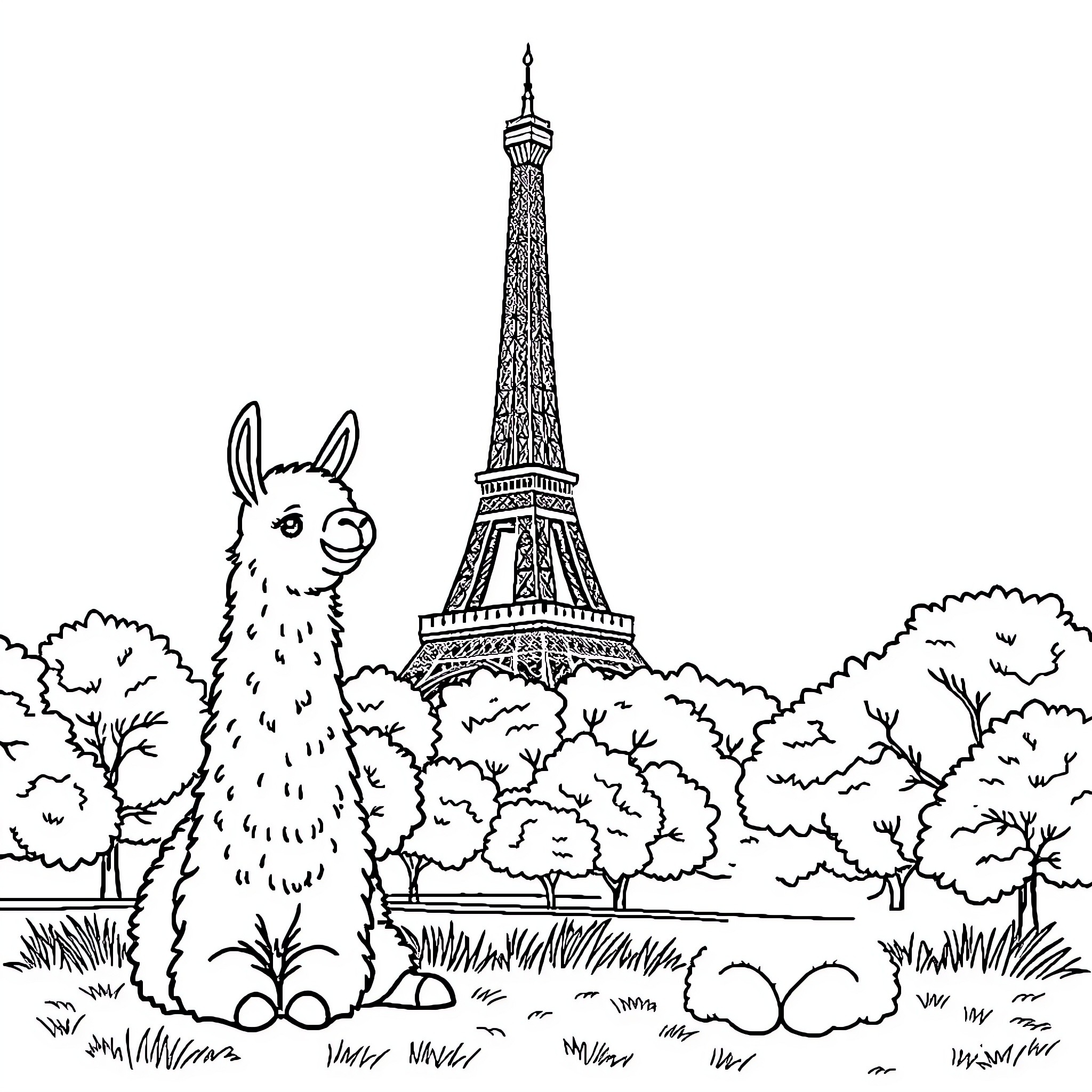 Eiffel Tower with a curious llama in the foreground Coloring Page (free black-and-white line drawing printable PDF for all, from beginners to advanced learners, including children, teens, adults, and seniors)