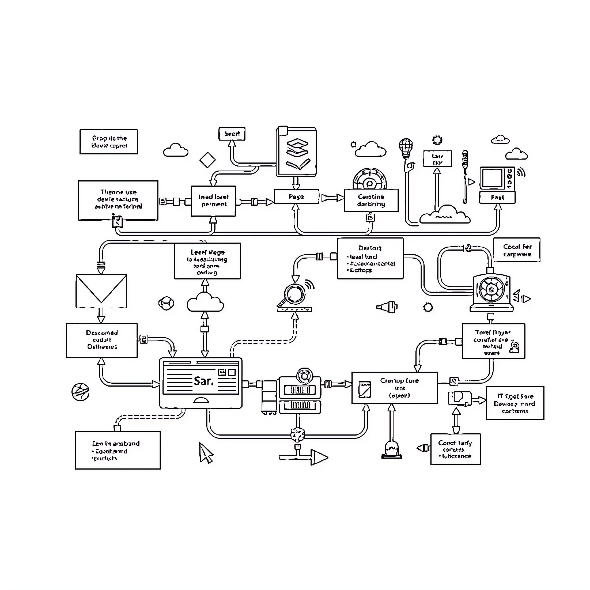 DevOps Workflow of Diverse Development Processes Coloring Page (free black-and-white line drawing printable PDF for all, from beginners to advanced learners, including children, teens, adults, and seniors)