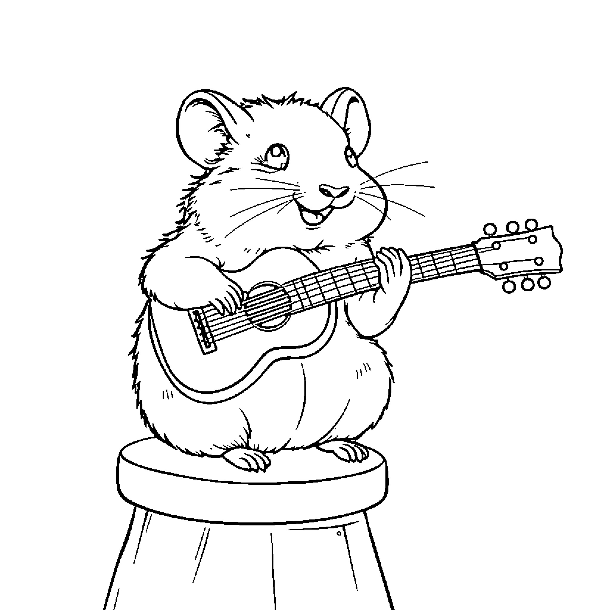 Hamster playing guitar on stool Coloring Page (free black-and-white line drawing printable PDF for all, from beginners to advanced learners, including children, teens, adults, and seniors)