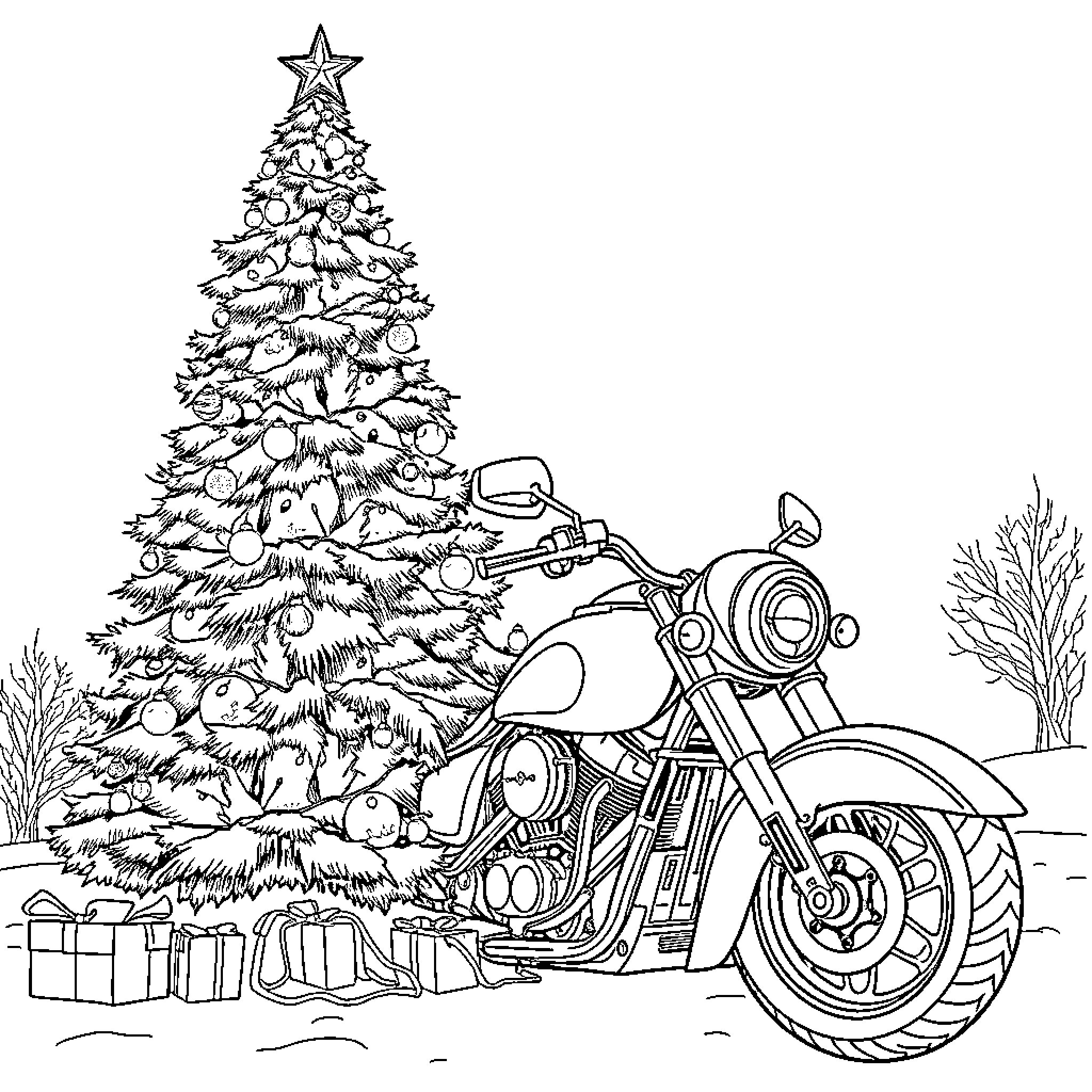 Christmas Tree with Decorated Motorcycle in Winter Wonderland Coloring Page (free black-and-white line drawing printable PDF for all, from beginners to advanced learners, including children, teens, adults, and seniors)