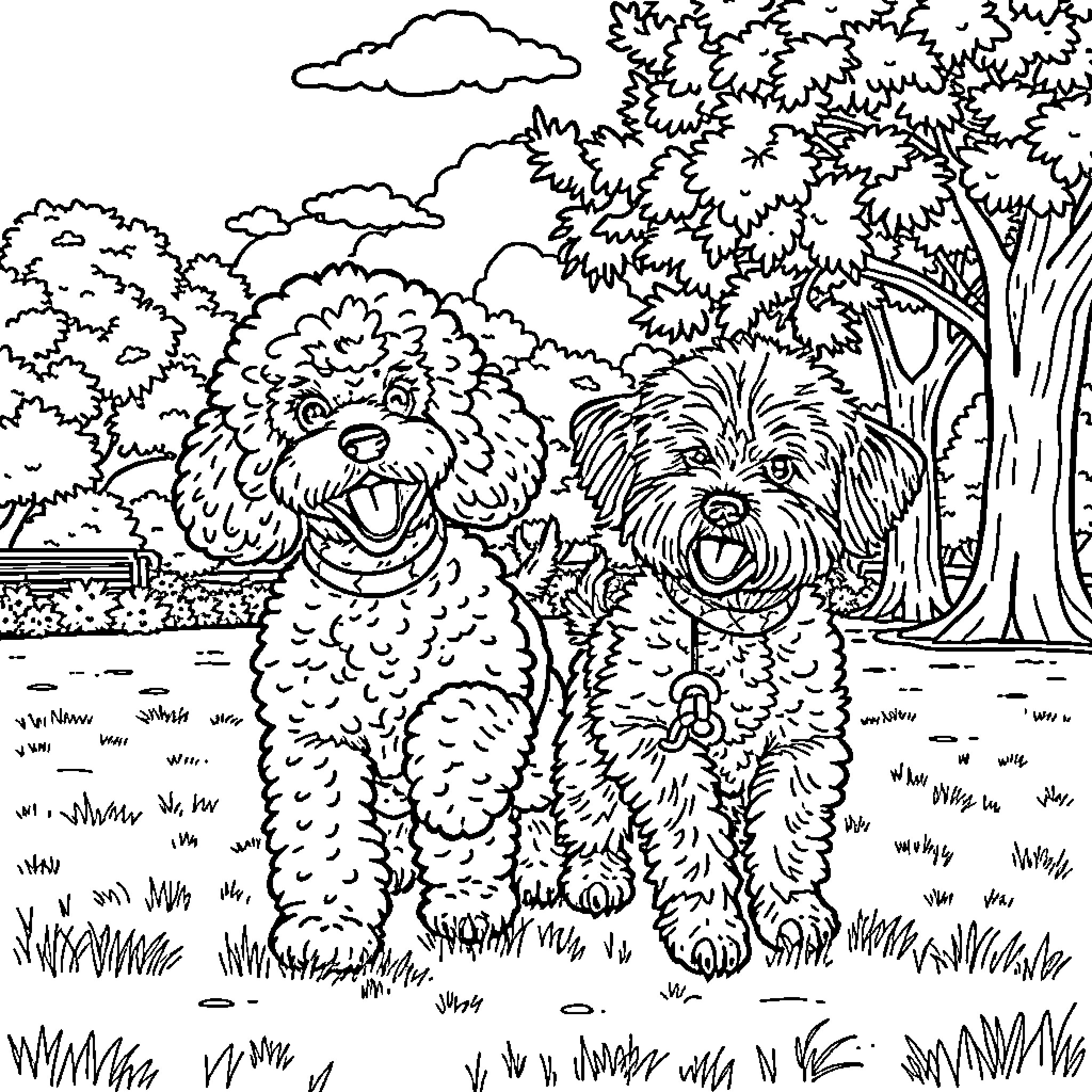 Poodle companions enjoying the outdoors Coloring Page (free black-and-white line drawing printable PDF for all, from beginners to advanced learners, including children, teens, adults, and seniors)