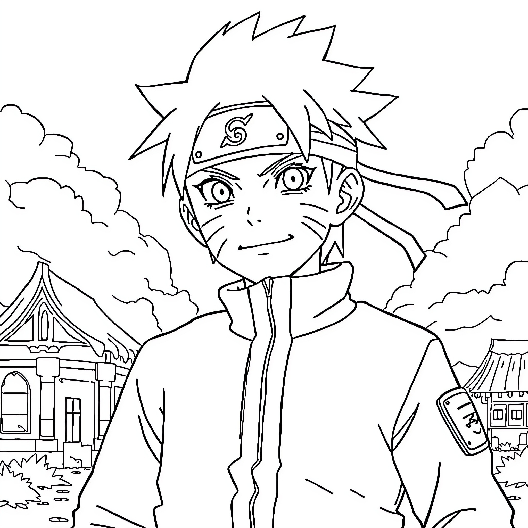 Naruto facing challenges in the village Coloring Page (free black-and-white line drawing printable PDF for all, from beginners to advanced learners, including children, teens, adults, and seniors)