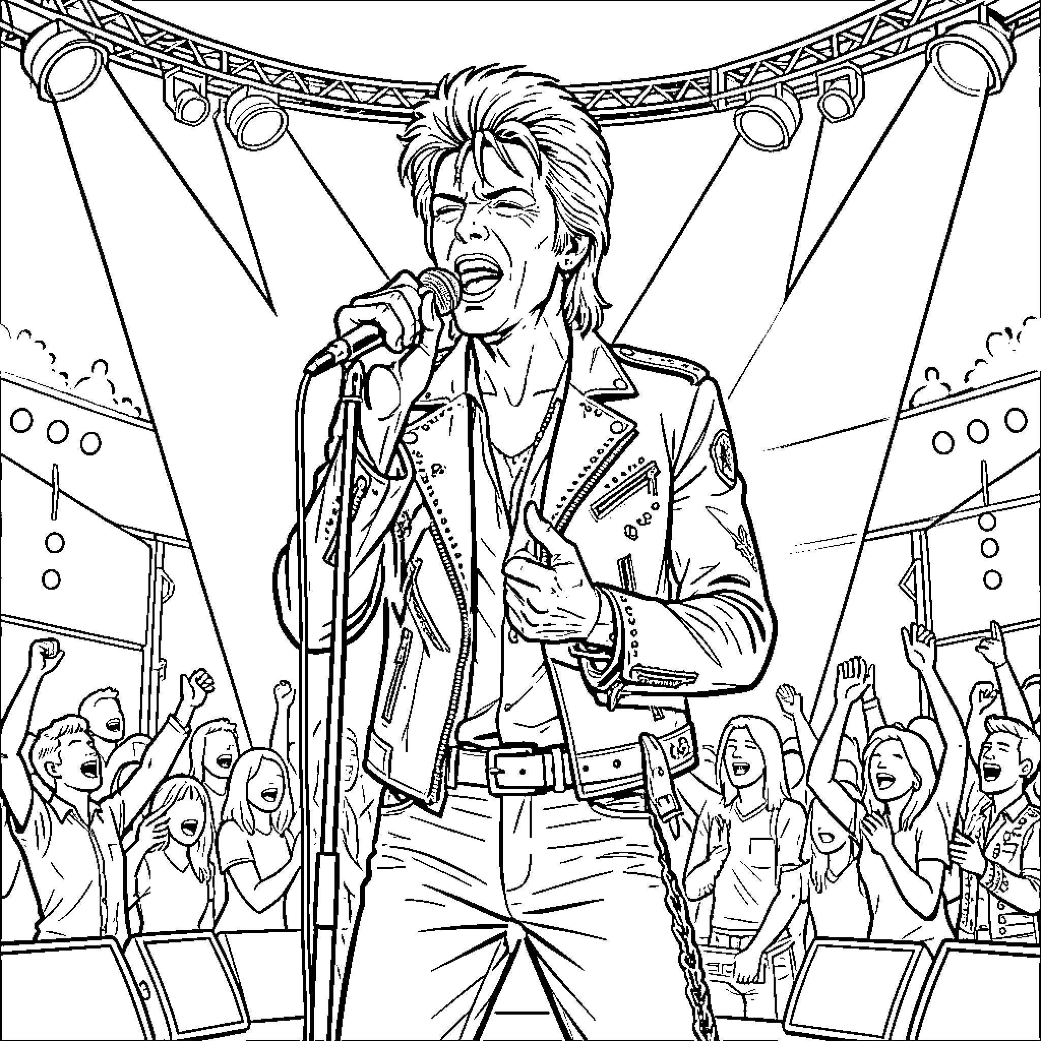 David Bowie performing on stage with energetic crowd Coloring Page (free black-and-white line drawing printable PDF for all, from beginners to advanced learners, including children, teens, adults, and seniors)