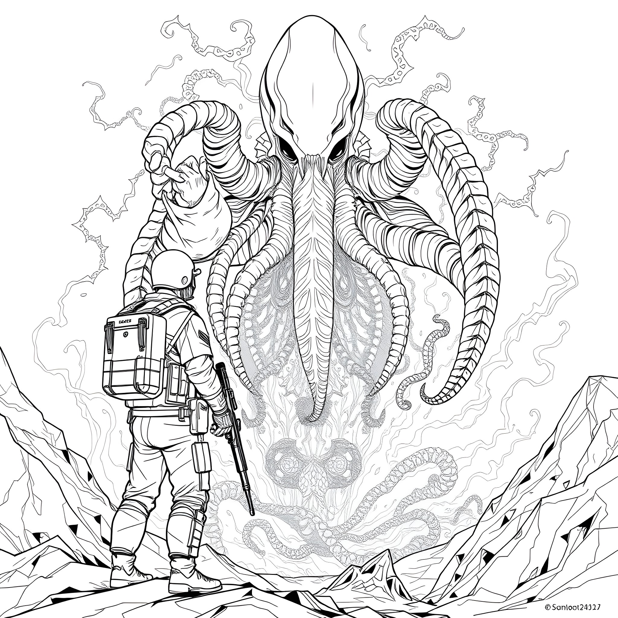 Soldier Confronting Alien Creature in Cosmic Landscape Coloring Page (free black-and-white line drawing printable PDF for all, from beginners to advanced learners, including children, teens, adults, and seniors)