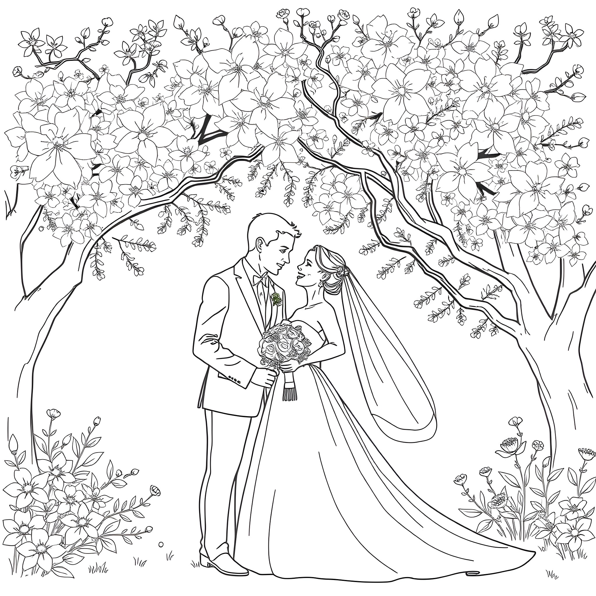Bride and Groom's Romantic Embrace Under Blossoming Cherry Trees Coloring Page (free black-and-white line drawing printable PDF for all, from beginners to advanced learners, including children, teens, adults, and seniors)