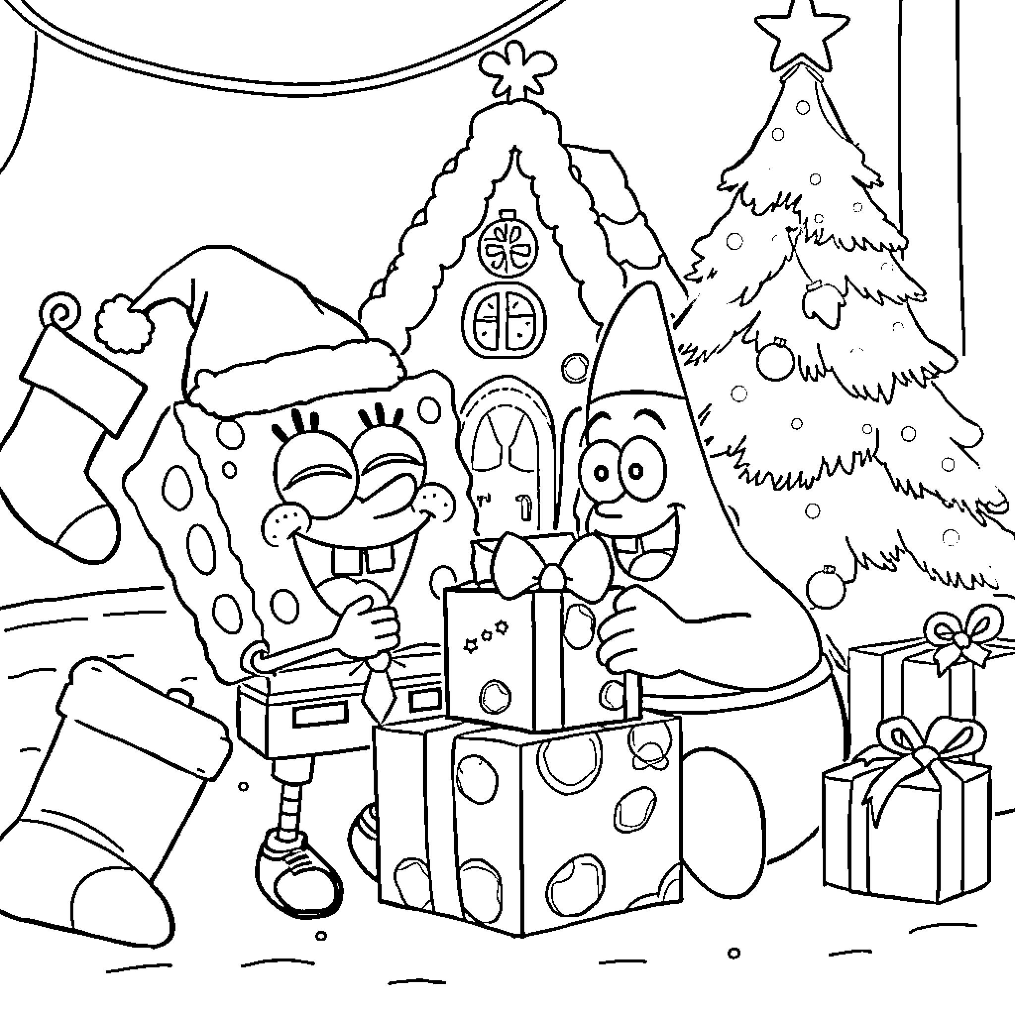 Spongebob and friends celebrate Christmas in a cozy scene Coloring Page (free black-and-white line drawing printable PDF for all, from beginners to advanced learners, including children, teens, adults, and seniors)