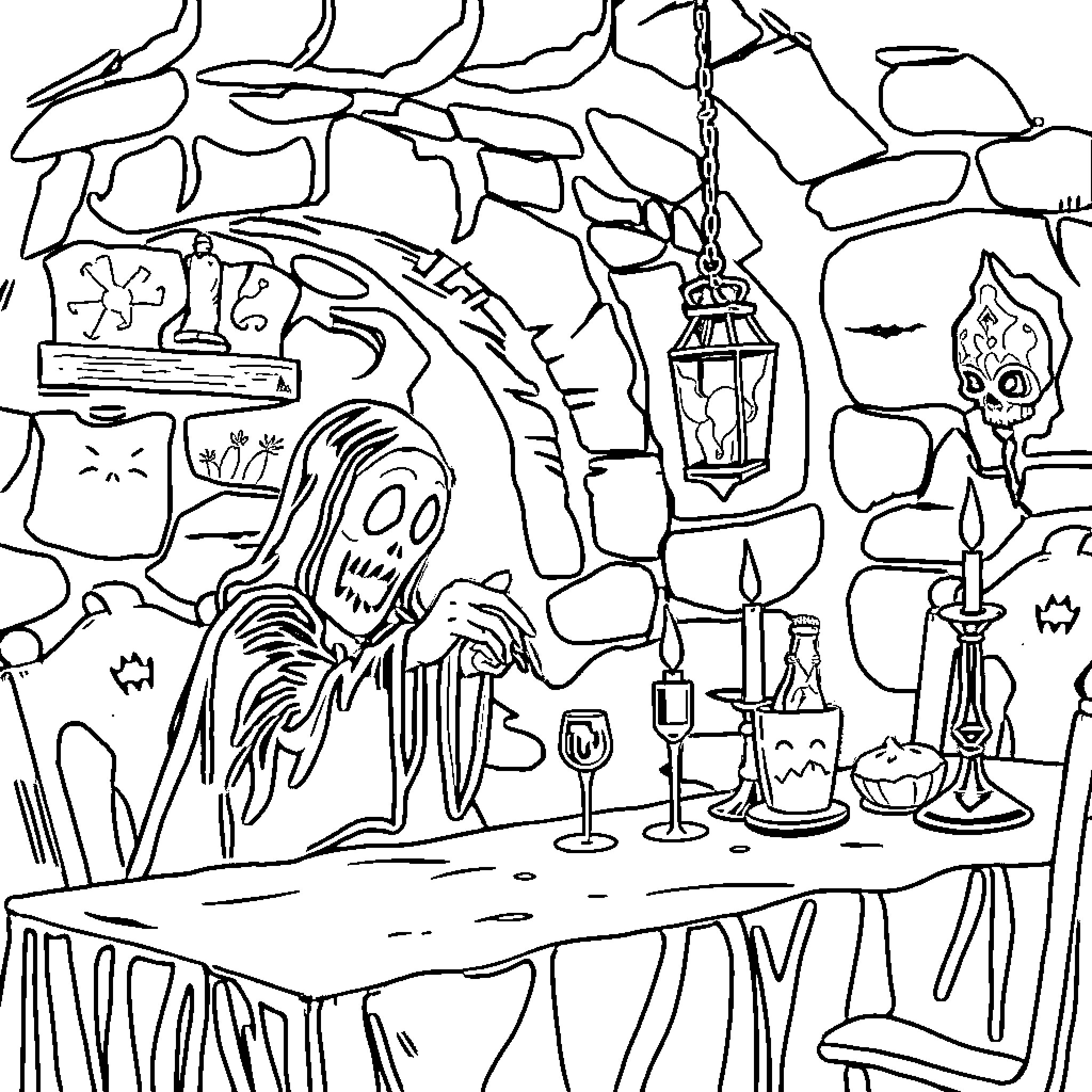 Ghost haunting a spooky and ominous scene Coloring Page (free black-and-white line drawing printable PDF for all, from beginners to advanced learners, including children, teens, adults, and seniors)