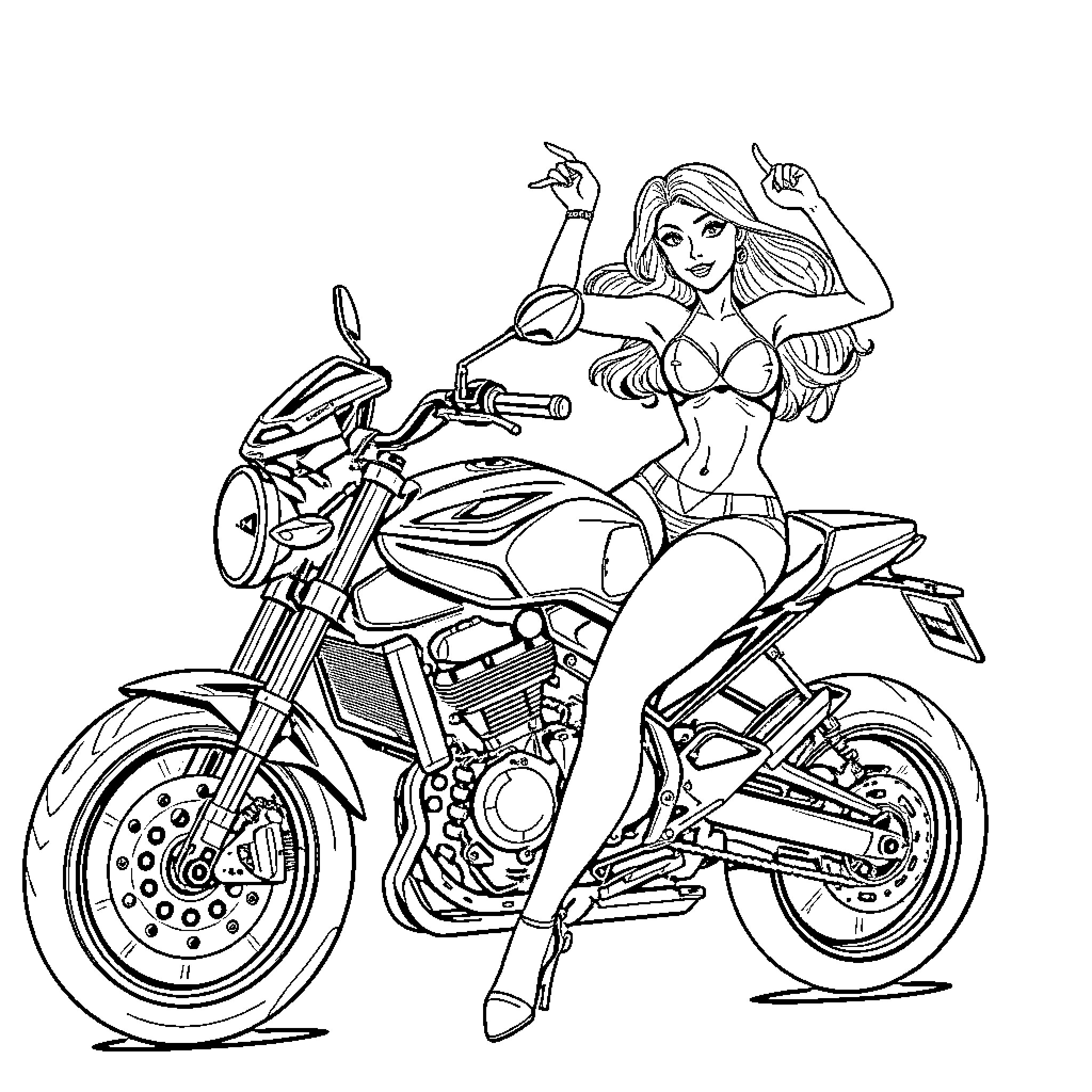 Pin Up Girl Riding Powerful Motorcycle Coloring Page (free black-and-white line drawing printable PDF for all, from beginners to advanced learners, including children, teens, adults, and seniors)
