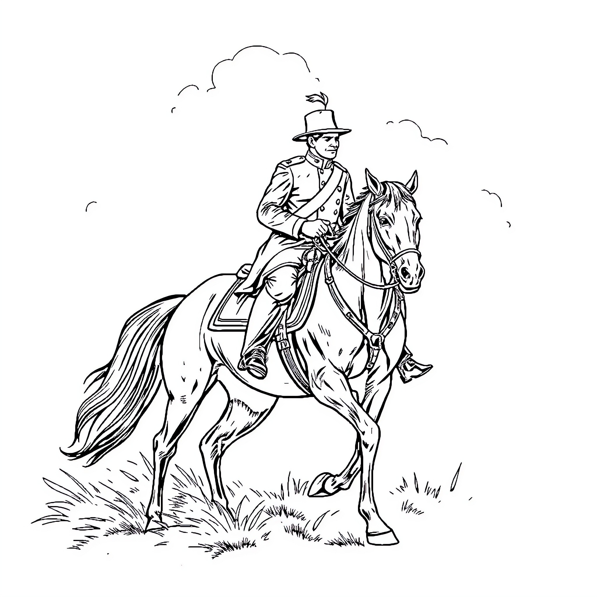 Col. Saunders riding a horse across the countryside Coloring Page (free black-and-white line drawing printable PDF for all, from beginners to advanced learners, including children, teens, adults, and seniors)