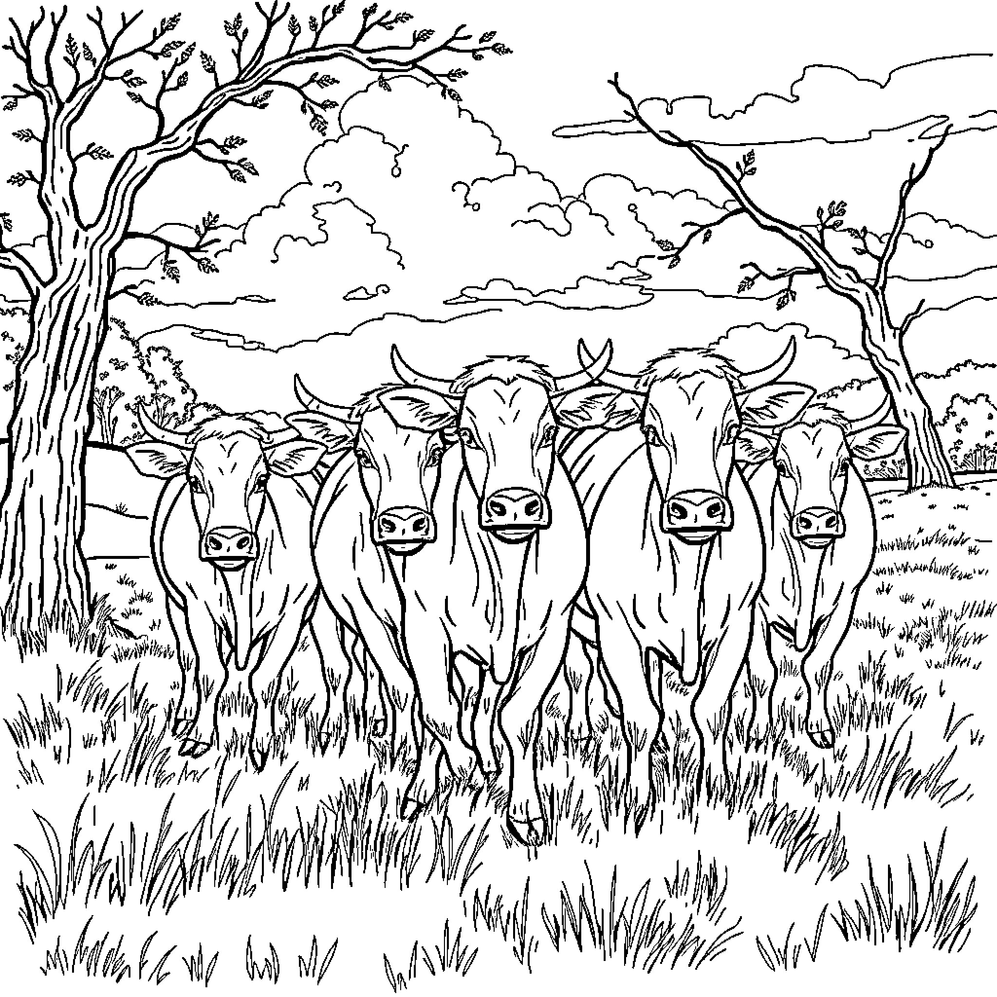 Cows grazing peacefully in a scenic landscape Coloring Page (free black-and-white line drawing printable PDF for all, from beginners to advanced learners, including children, teens, adults, and seniors)