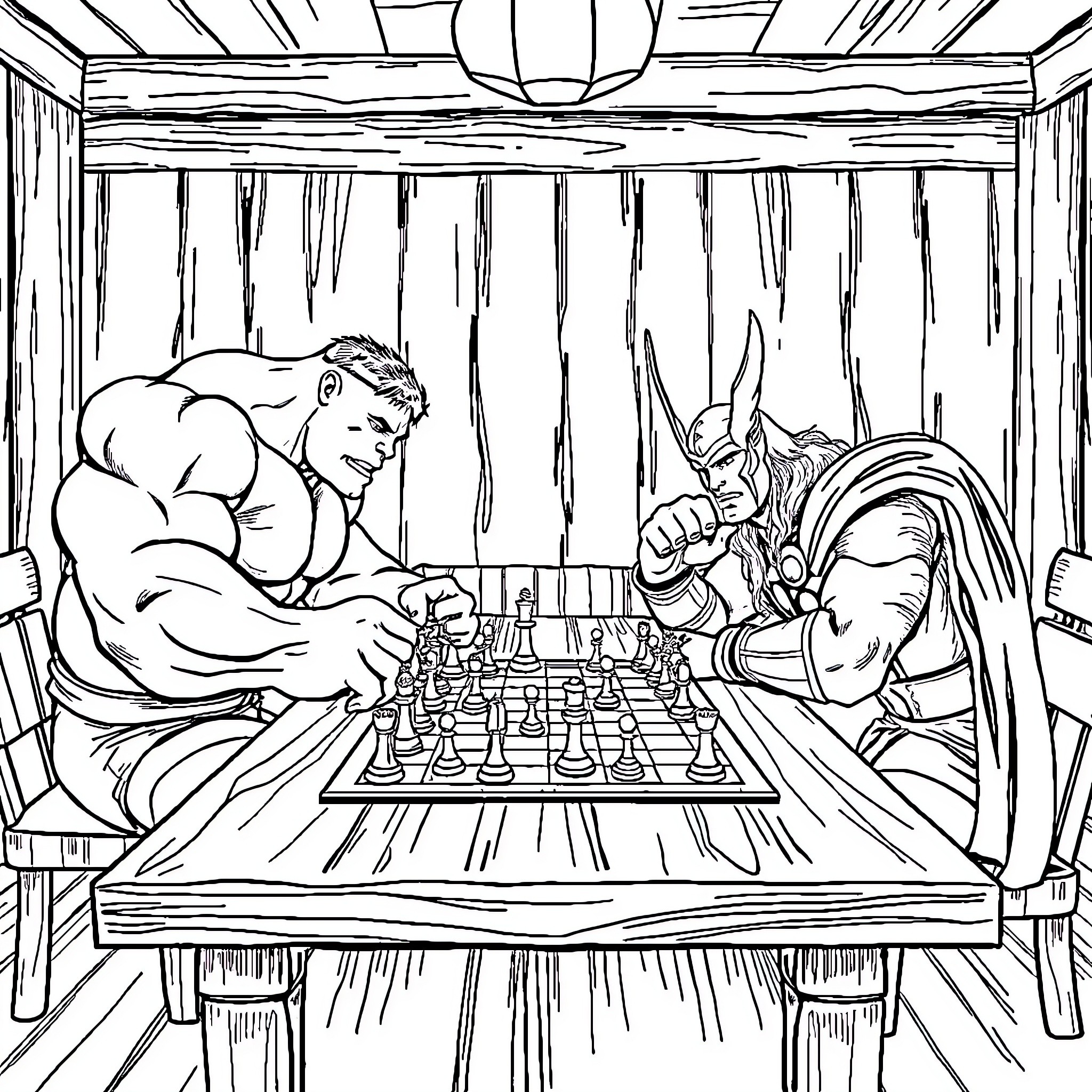 Hulk and Rhino Playing Chess Coloring Page (free black-and-white line drawing printable PDF for all, from beginners to advanced learners, including children, teens, adults, and seniors)