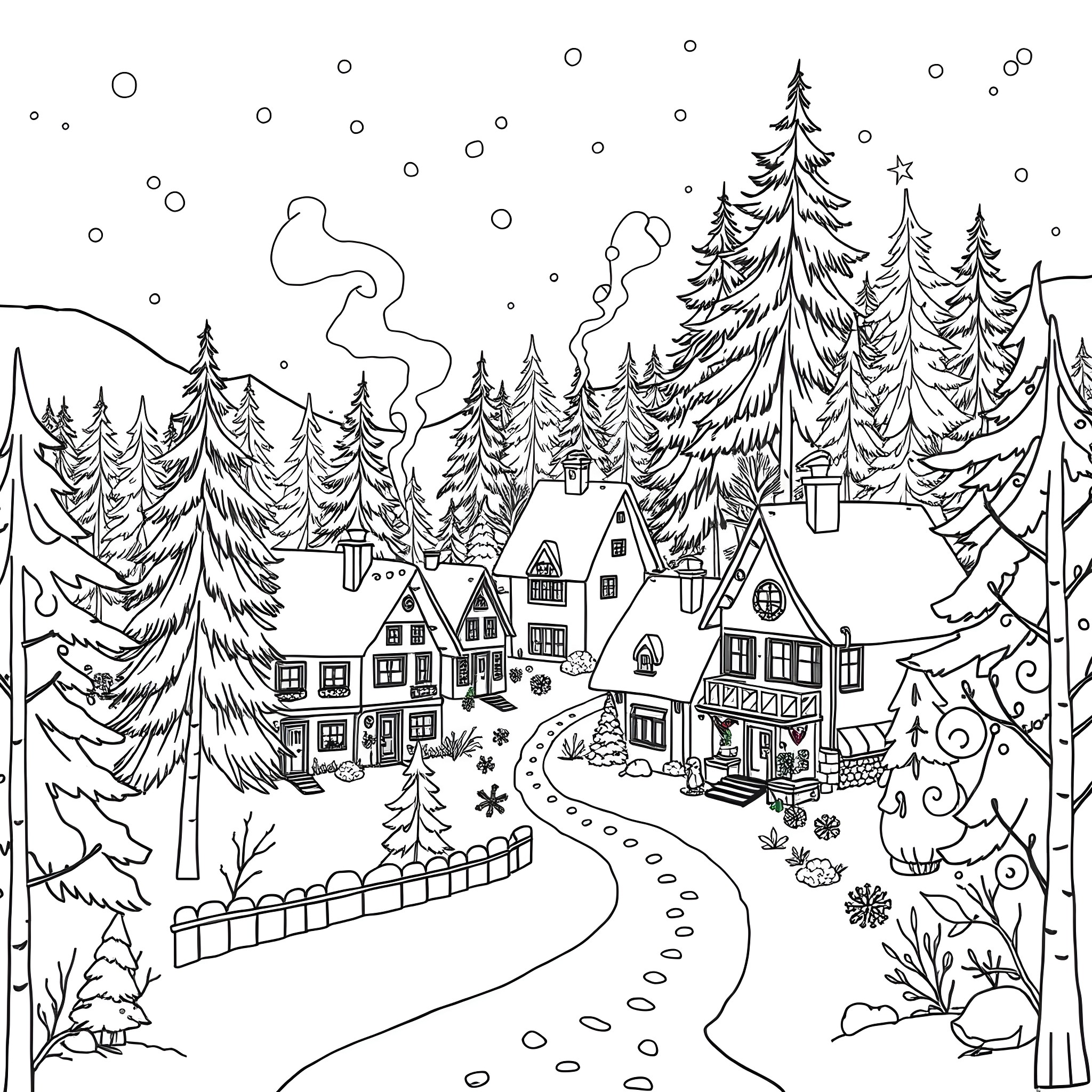 Village with snowy houses and trees in winter Coloring Page (free black-and-white line drawing printable PDF for all, from beginners to advanced learners, including children, teens, adults, and seniors)